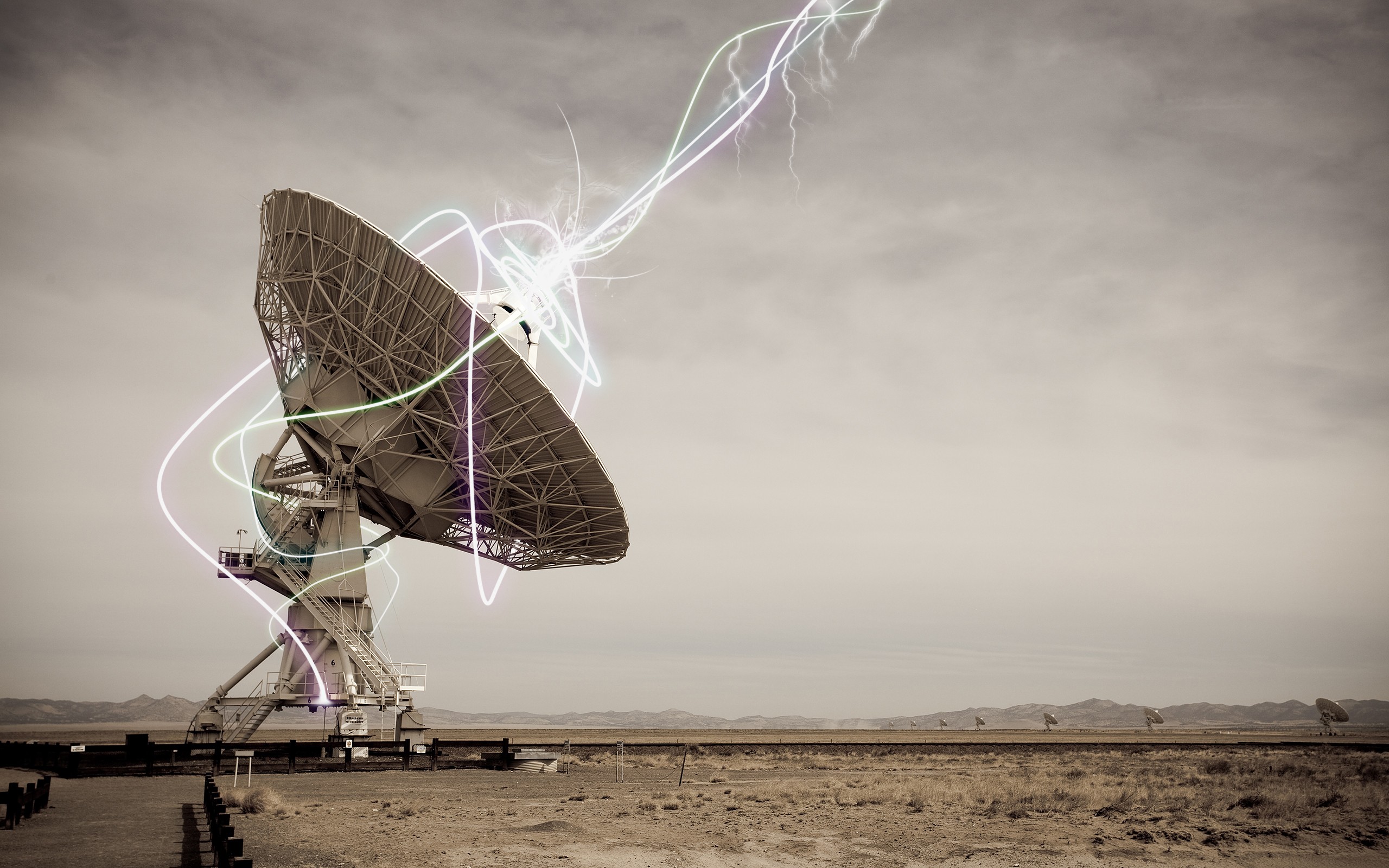 General 2560x1600 landscape desert neon lights digital art shapes radio telescope swirls