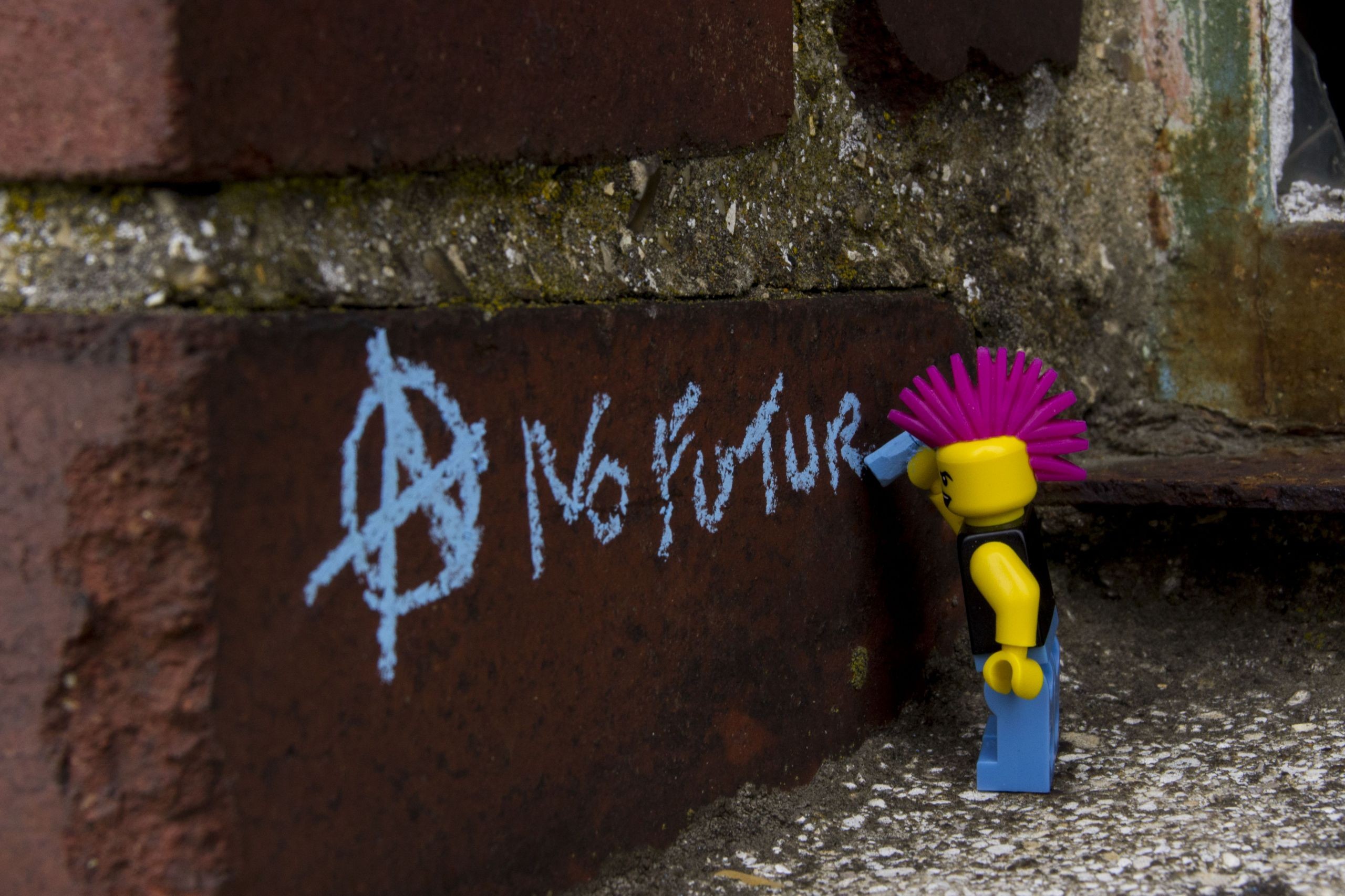 General 2560x1706 photography artwork toys LEGO bricks figurines text chalk Anarchy  punk miniatures wall broken glass writing street grunge humor circle-A mohawk