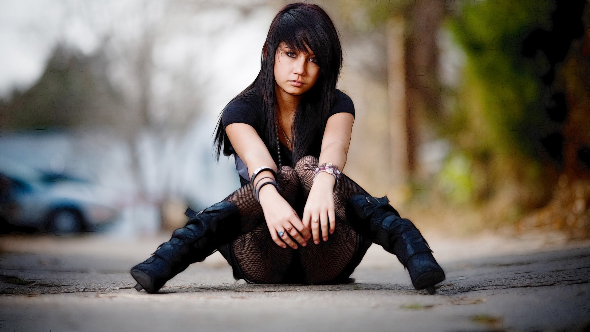People 1920x1080 women depth of field urban sitting boots women outdoors long hair bokeh rings outdoors legs dark hair knees together frontal view on the ground emo fishnet head tilt