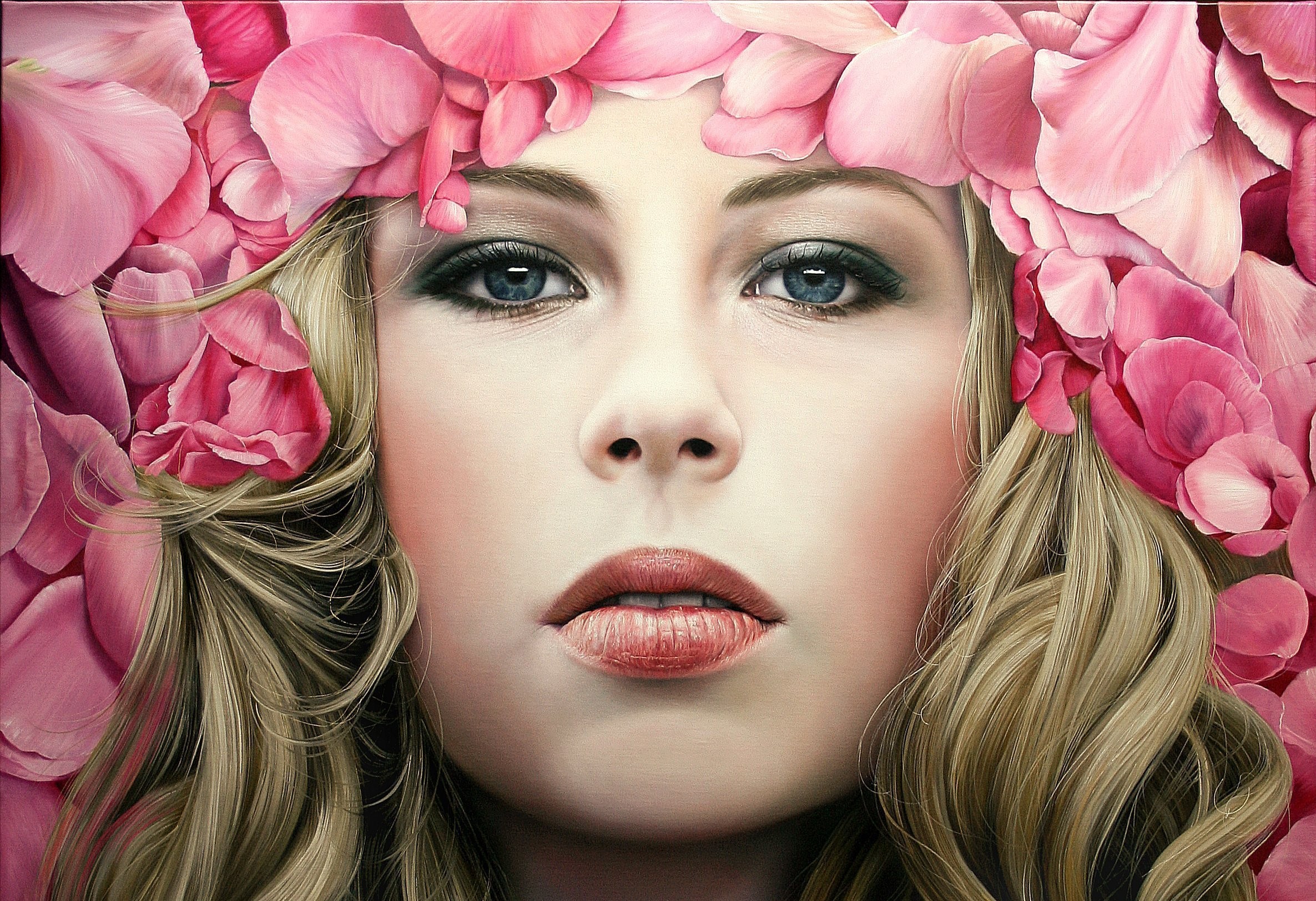 General 2371x1624 women petals lips flowers face closeup makeup red lipstick blonde looking at viewer blue eyes
