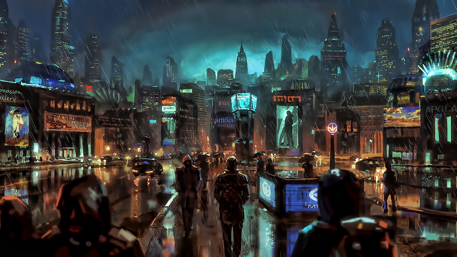 General 1920x1080 science fiction city futuristic city futuristic artwork night sky rain wet street wet cityscape city lights cyan colorful street people