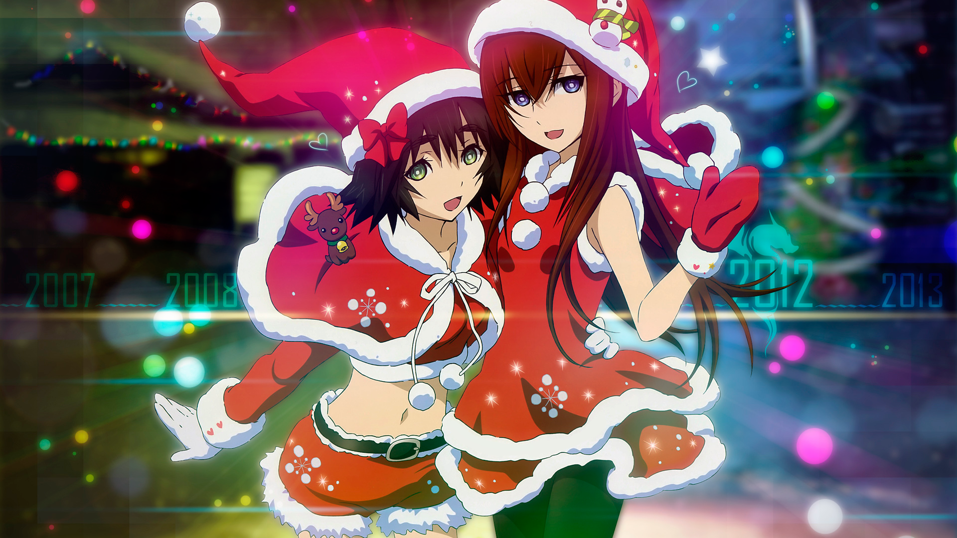 Anime 1920x1080 anime girls Steins;Gate Makise Kurisu Shiina Mayuri Christmas Santa girl two women Santa hats purple eyes green eyes long hair redhead Santa costume