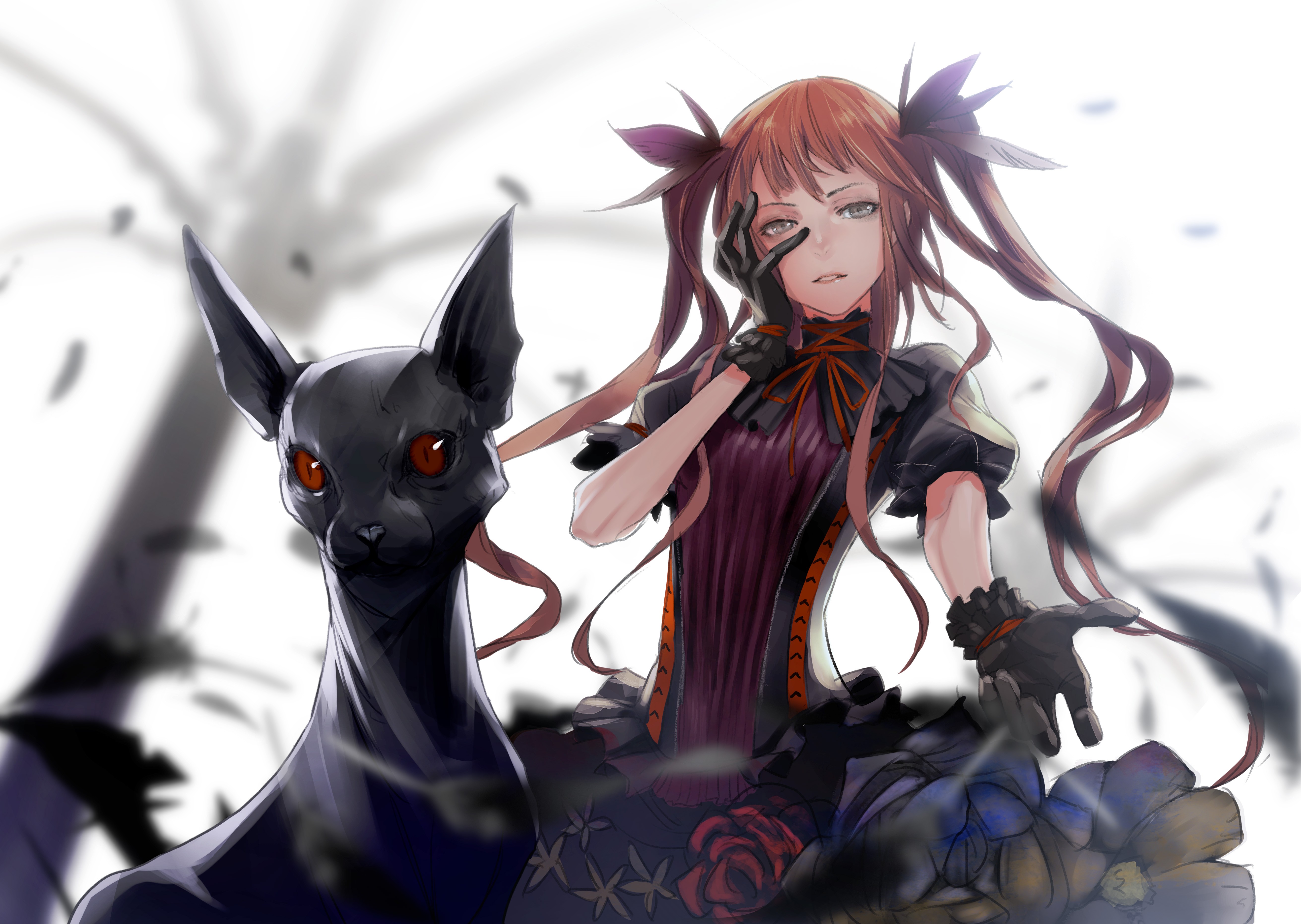 Anime 5244x3728 long hair twintails feathers ribbon cats anime girls anime Redjuice looking at viewer red eyes gloves redhead