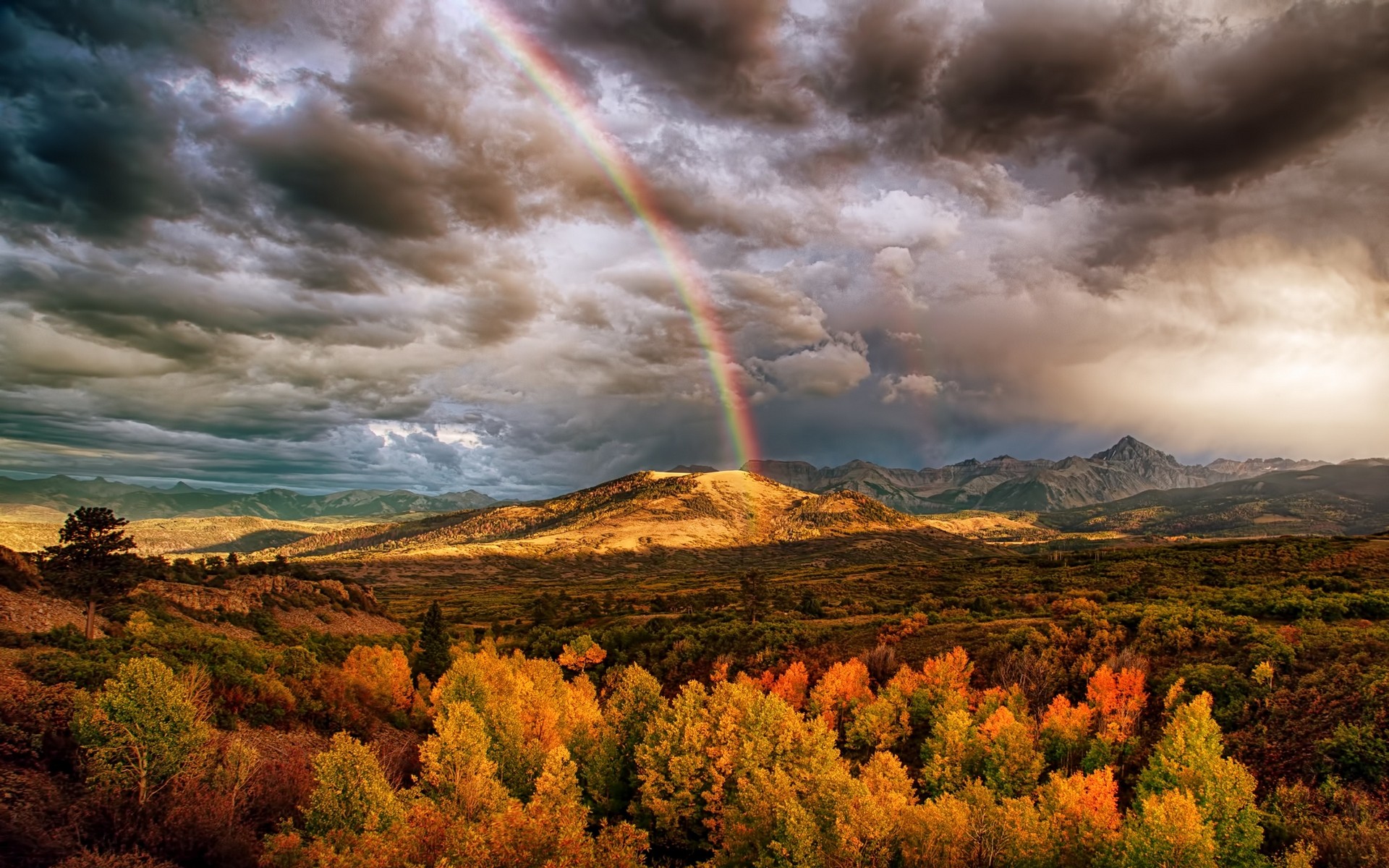 General 1920x1200 nature landscape rainbows mountains fall clouds trees colorful