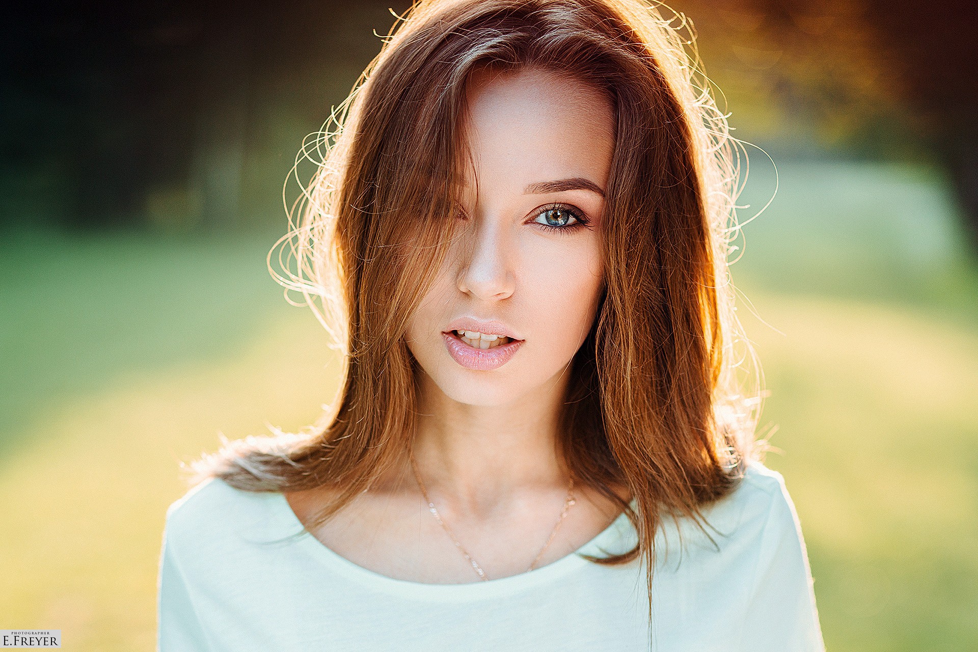 People 1920x1280 women face portrait auburn hair closeup Evgeny Freyer blurred sunlight women outdoors frontal view looking at viewer hair in face pink lipstick watermarked