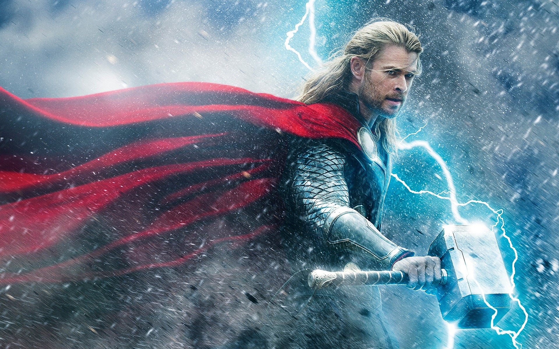 People 1920x1200 Thor Chris Hemsworth men Mjolnir lightning superhero cyan cape snowing movies Marvel Cinematic Universe