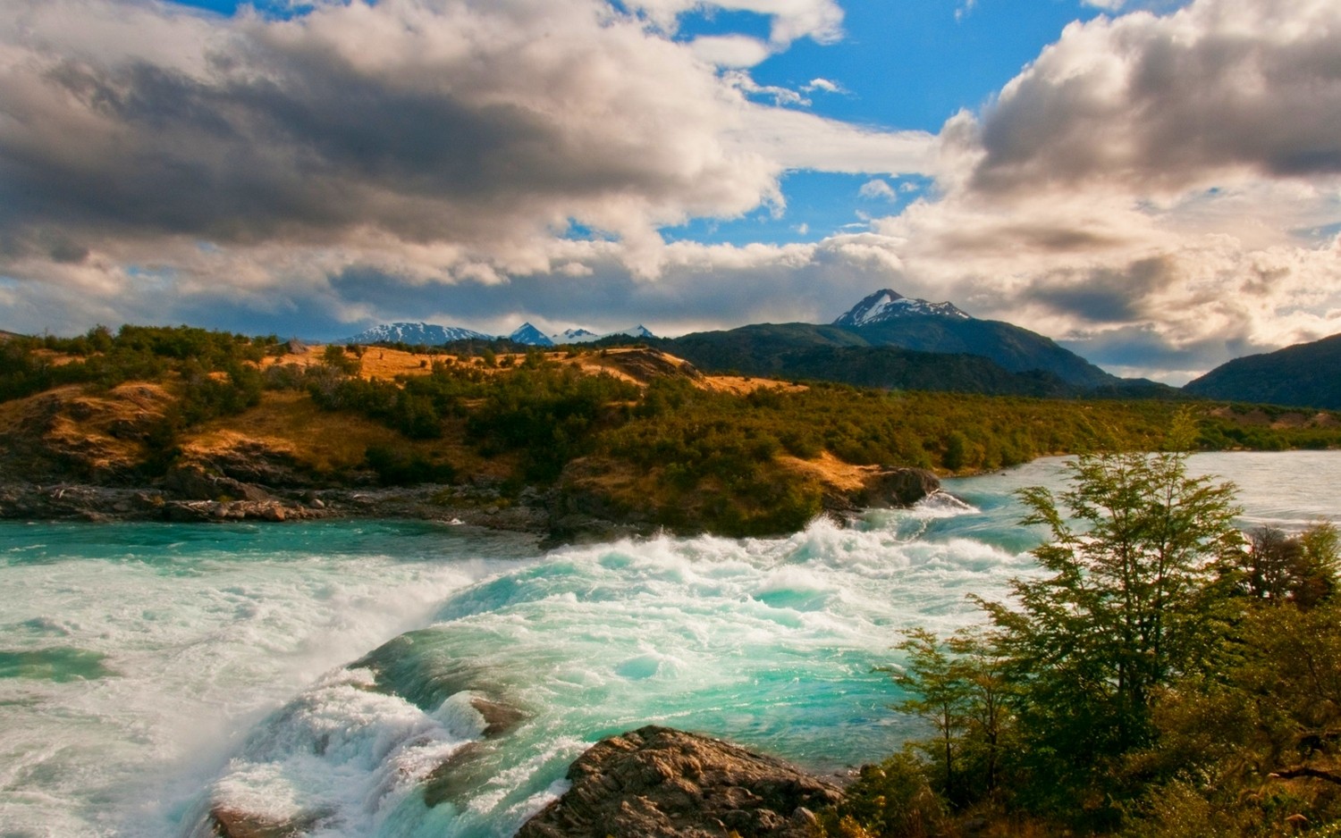 General 1500x938 nature landscape river mountains clouds shrubs Patagonia Chile rapids snowy peak South America