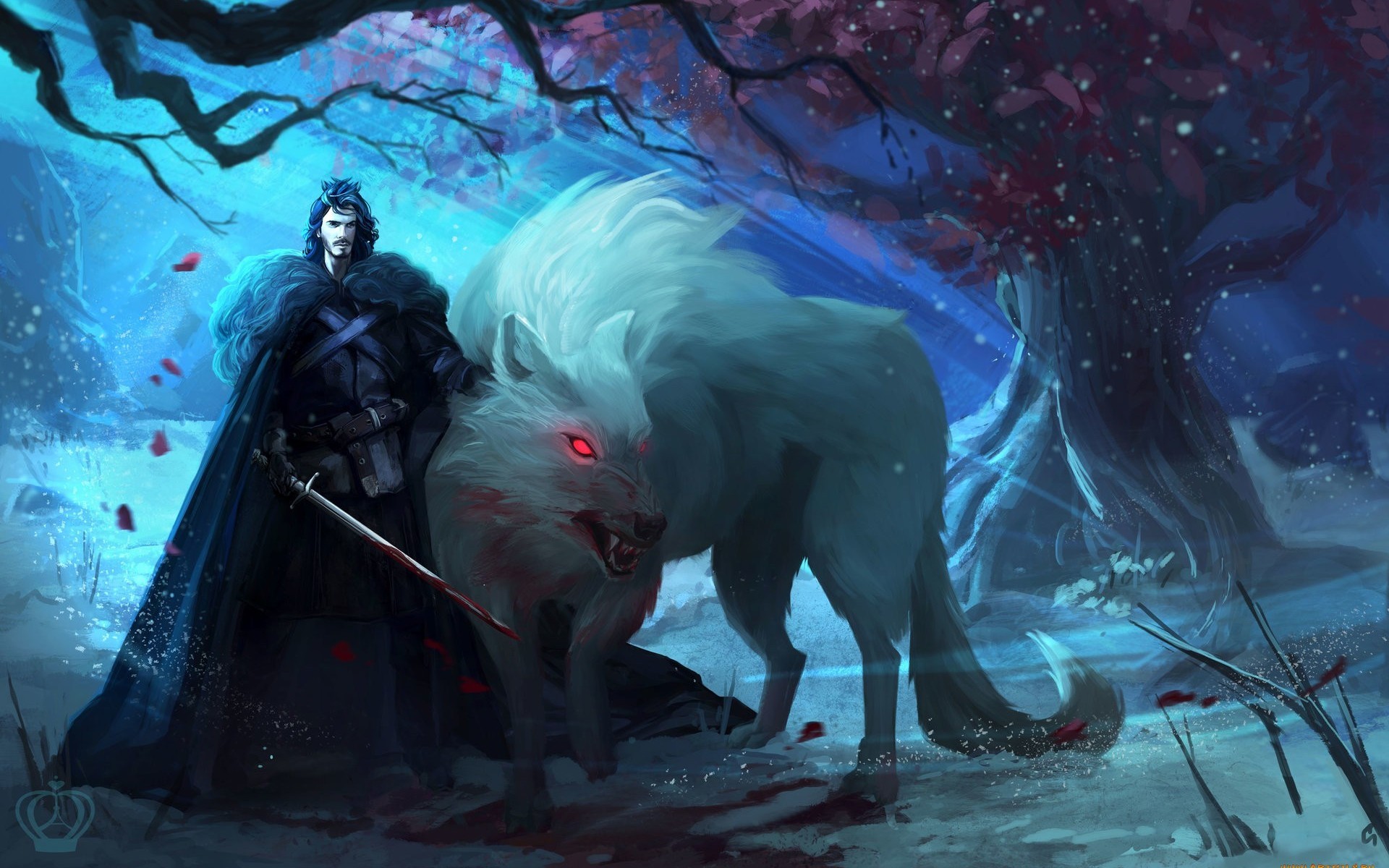 General 1920x1200 Game of Thrones Jon Snow ghost wolf direwolves Direwolf artwork fantasy art concept art sword A Song of Ice and Fire cyan TV series creature blood fantasy men