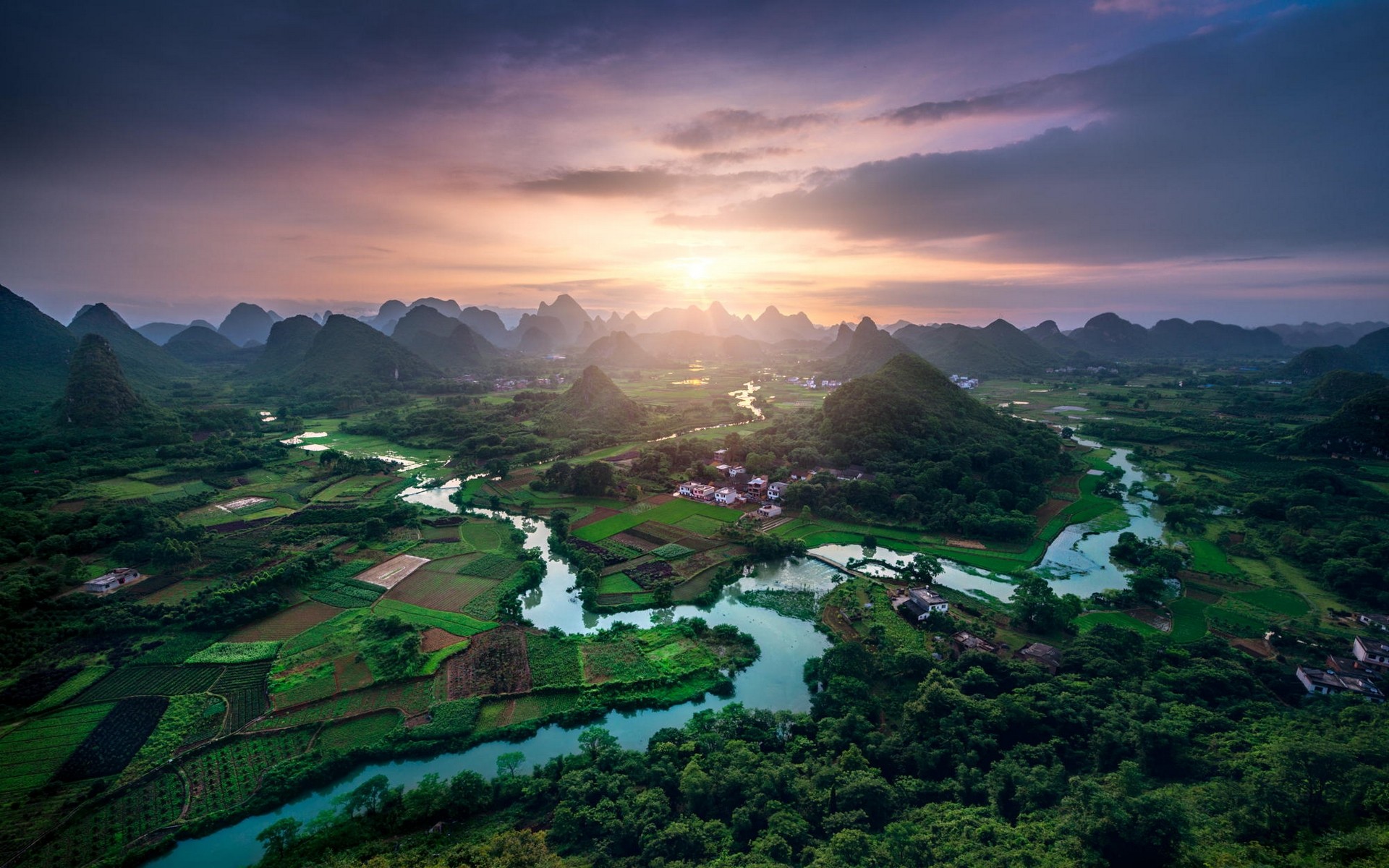 General 1920x1200 landscape nature valley sunset hills field forest river town China clouds green Asia sky sunlight