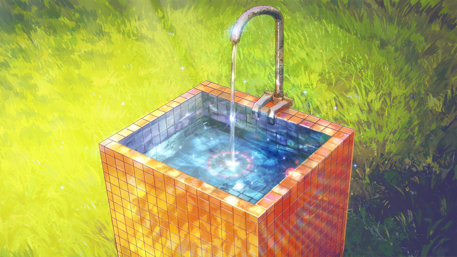 General 1920x1080 Everlasting Summer (visual novel) drinking fountains rainbows green tiles water ArseniXC