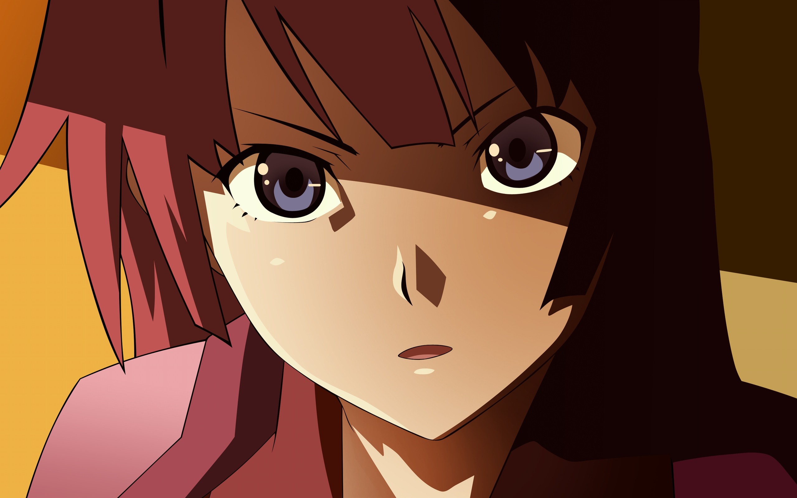 Anime 2560x1600 Monogatari Series Senjougahara Hitagi anime girls anime face purple eyes redhead closeup looking at viewer