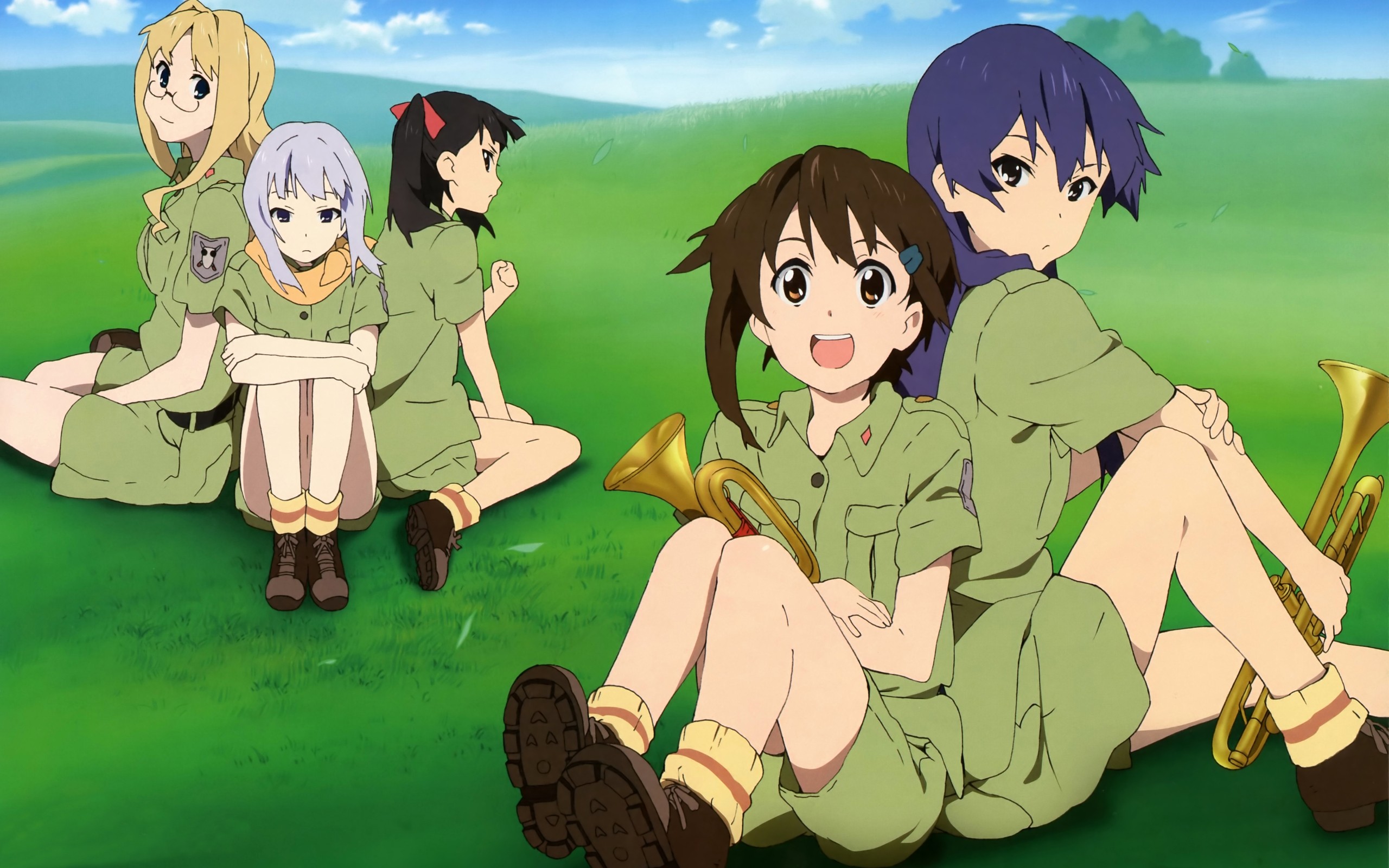 Anime 2560x1600 anime girls anime Sora no Woto women outdoors group of women sitting musical instrument purple hair open mouth brunette blonde looking at viewer
