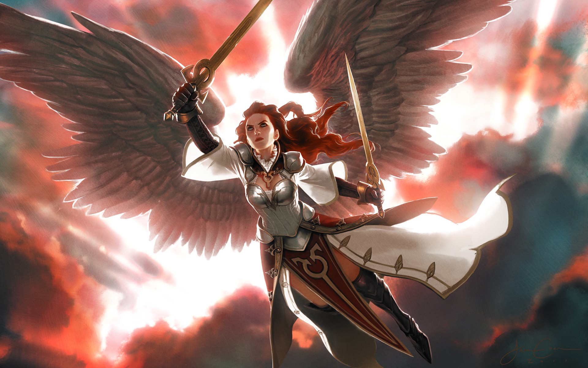 General 1920x1200 fantasy art Magic: The Gathering valkyries women wings sword Trading Card Games redhead fantasy armor weapon fantasy girl