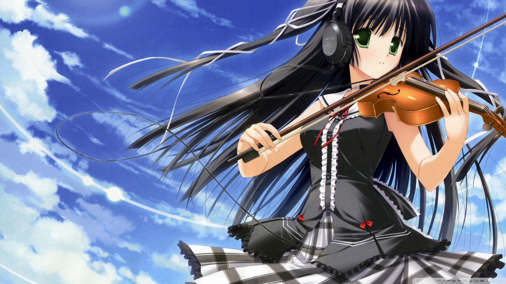 Anime 1920x1080 green eyes black hair violin long hair headphones anime girls anime brunette musical instrument sky clouds looking at viewer Sakaki Maki