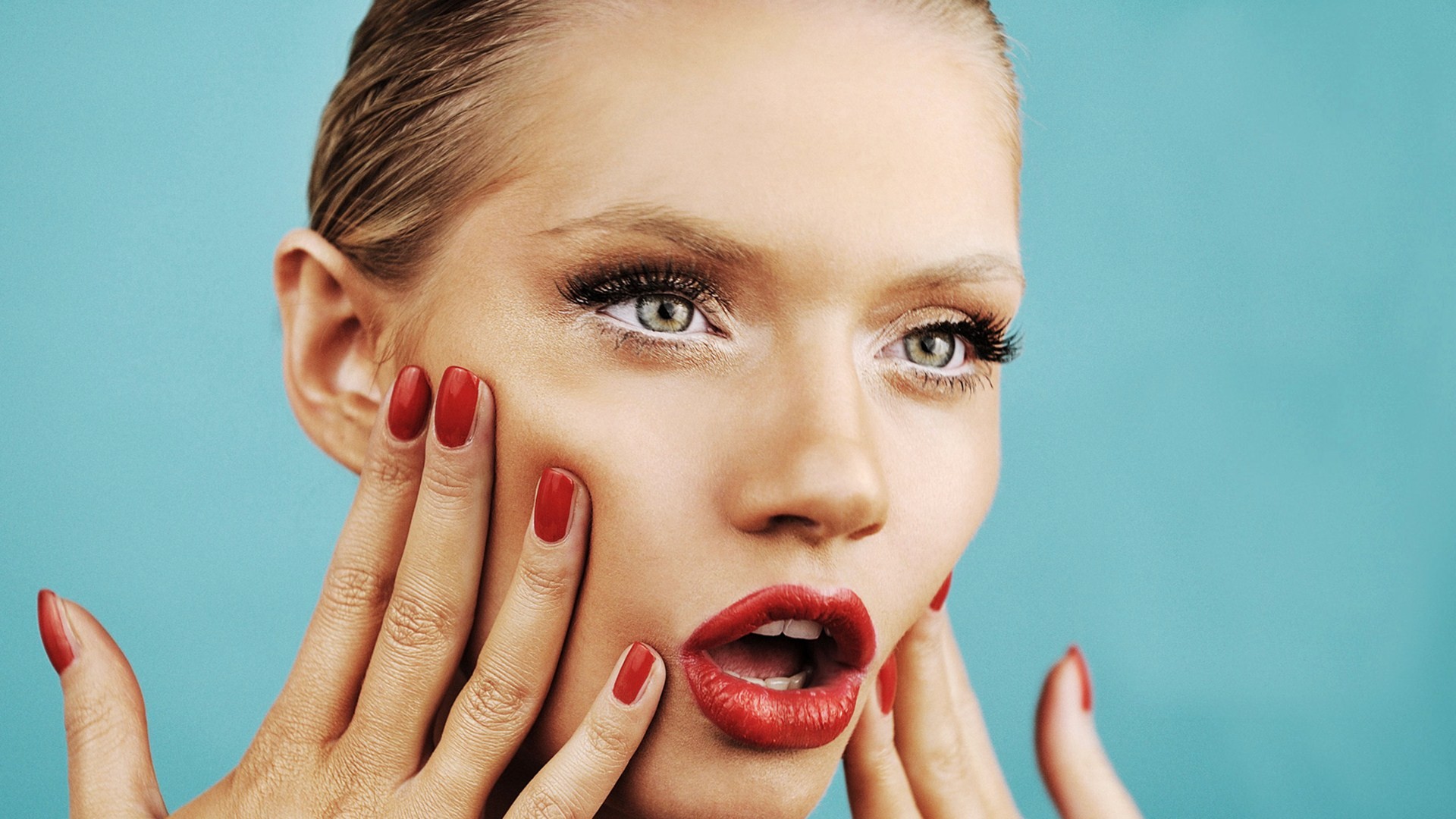 People 1920x1080 women blonde face model green eyes red lipstick red nails painted nails colored nails Martina Dimitrova simple background open mouth lipstick makeup