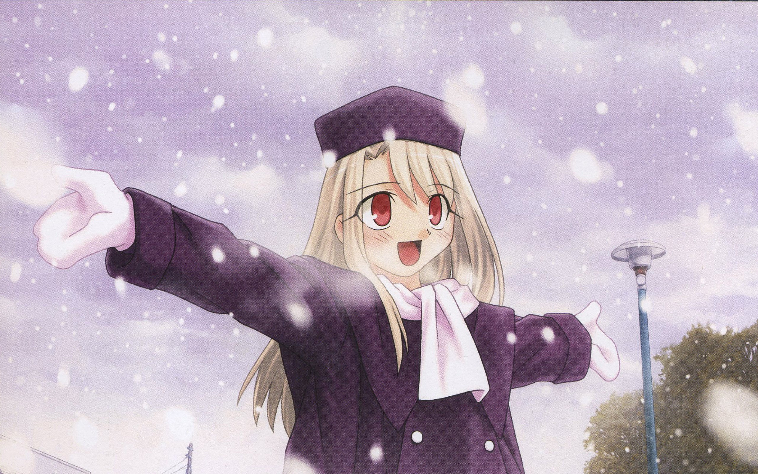 Anime 2560x1600 Fate series Illyasviel von Einzbern anime girls anime red eyes snow snowflakes winter open mouth hat women with hats blonde women outdoors