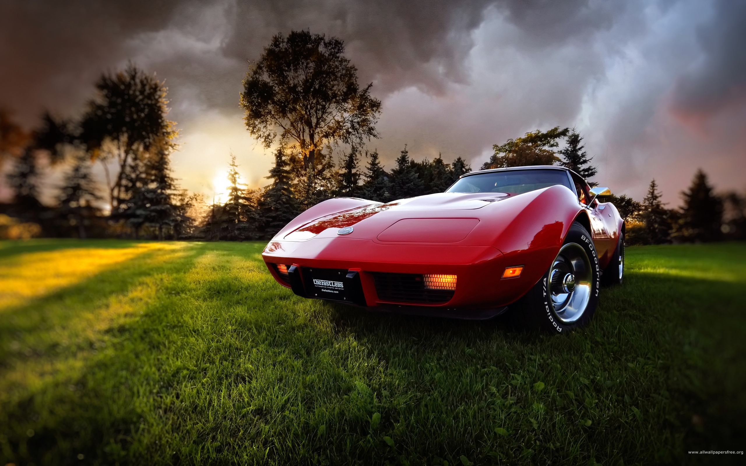 General 2560x1600 car red cars trees vehicle Chevrolet Corvette American cars pop-up headlights