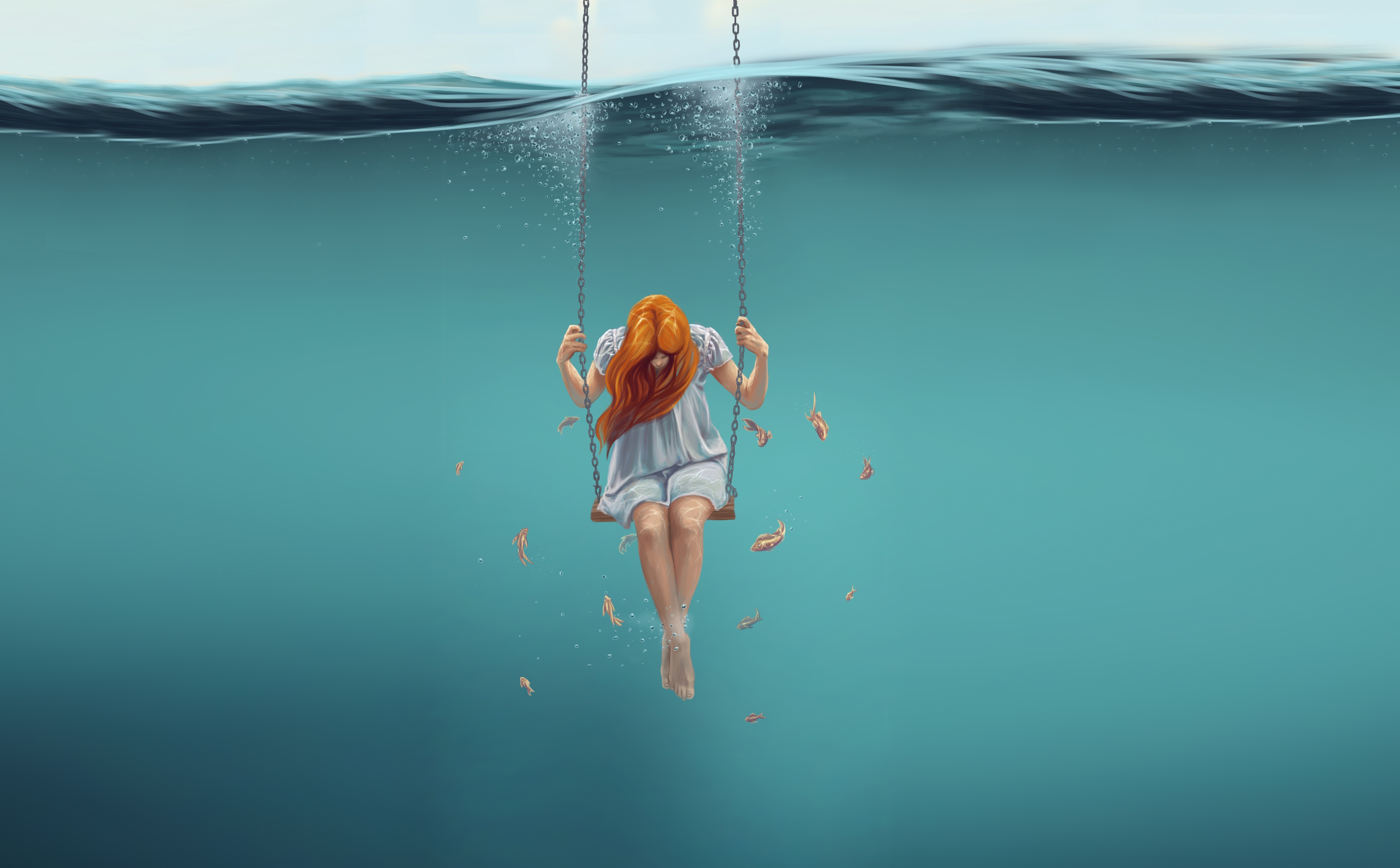 General 6400x3970 artwork swings sea fish redhead women underwater barefoot animals