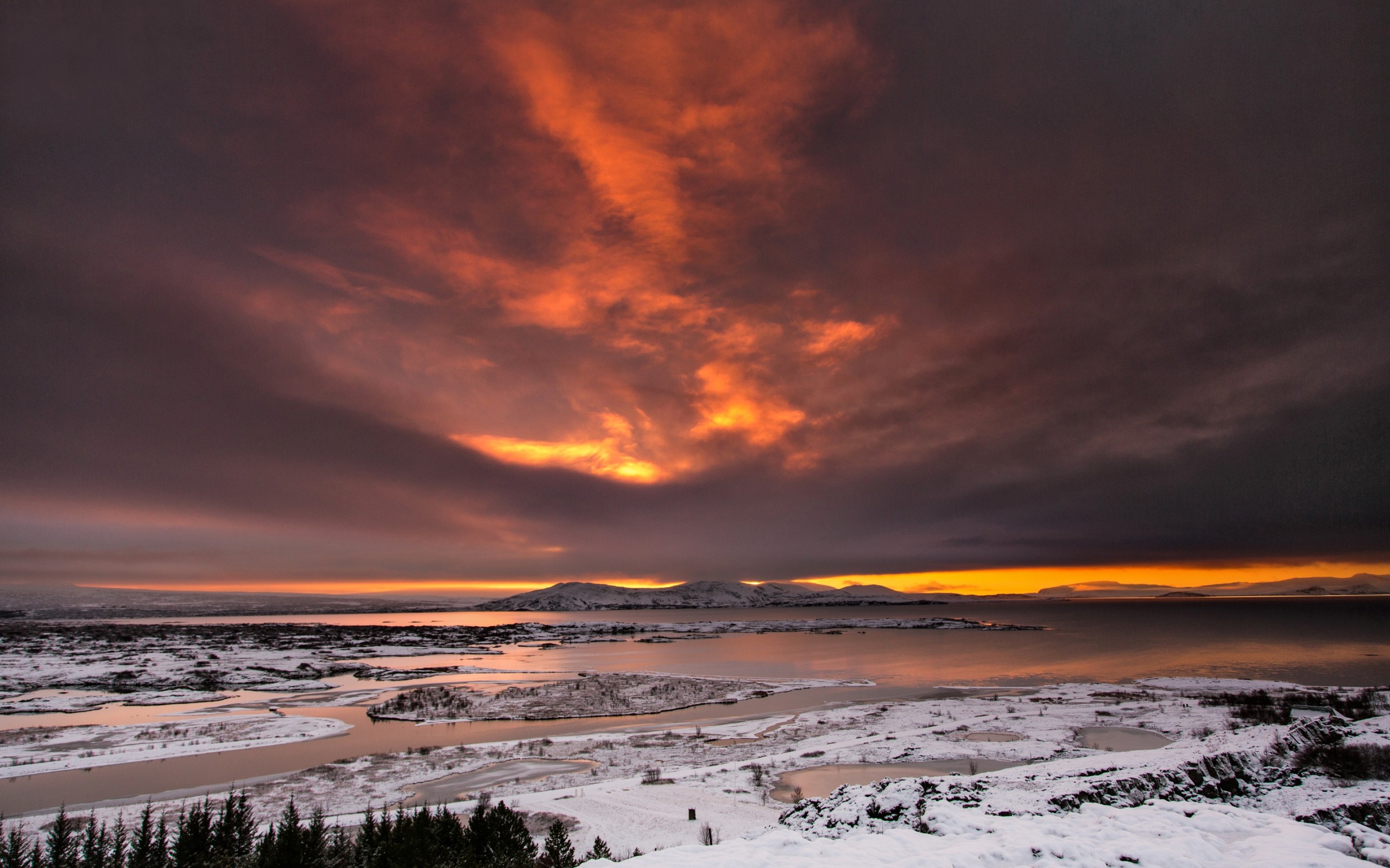 General 2560x1600 nature landscape Iceland sunset dusk far view snow orange clouds low light