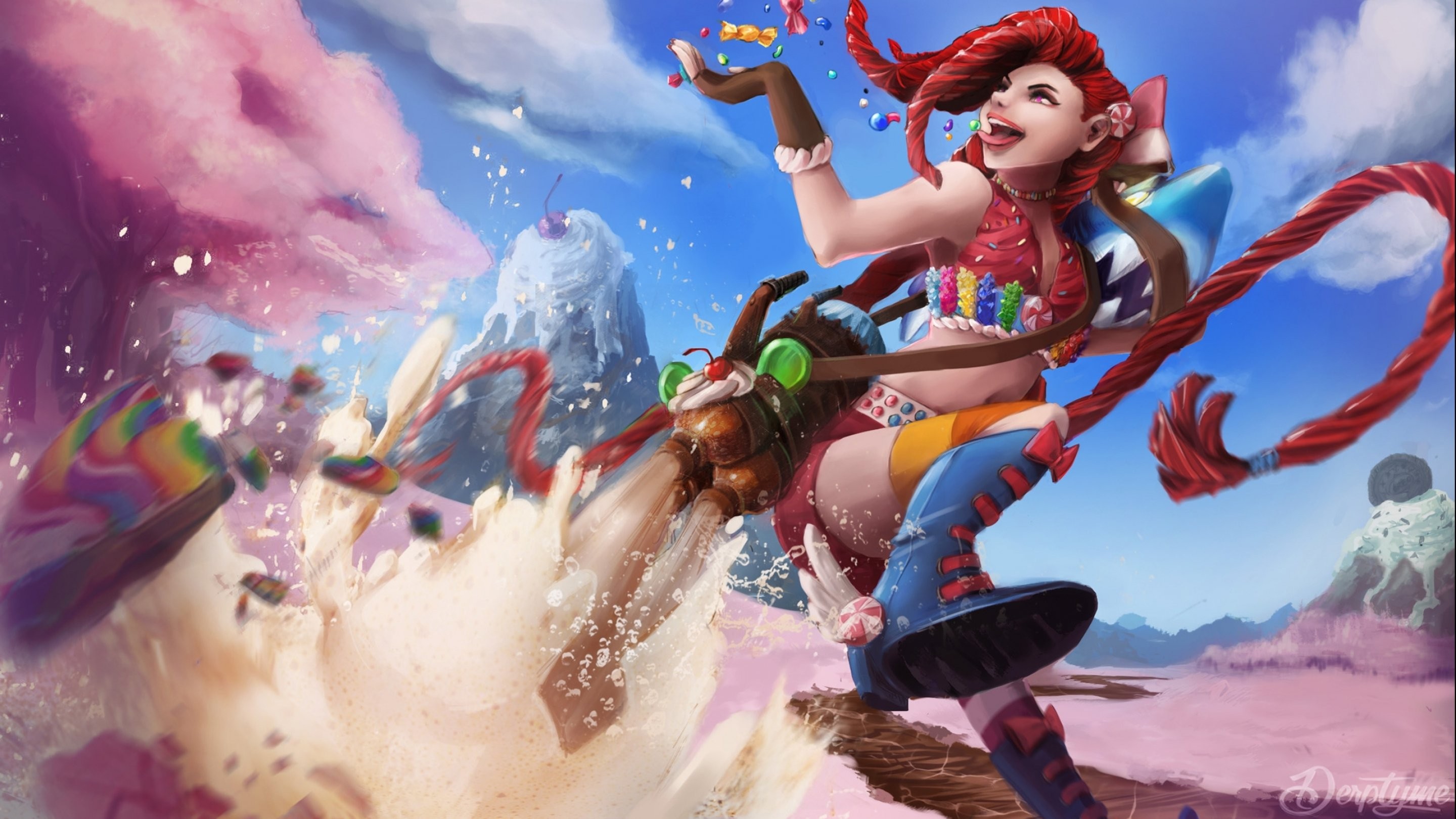 General 2880x1620 fantasy girl redhead tongue out PC gaming Jinx (League of Legends) League of Legends tongues long hair video game art video game girls video game characters