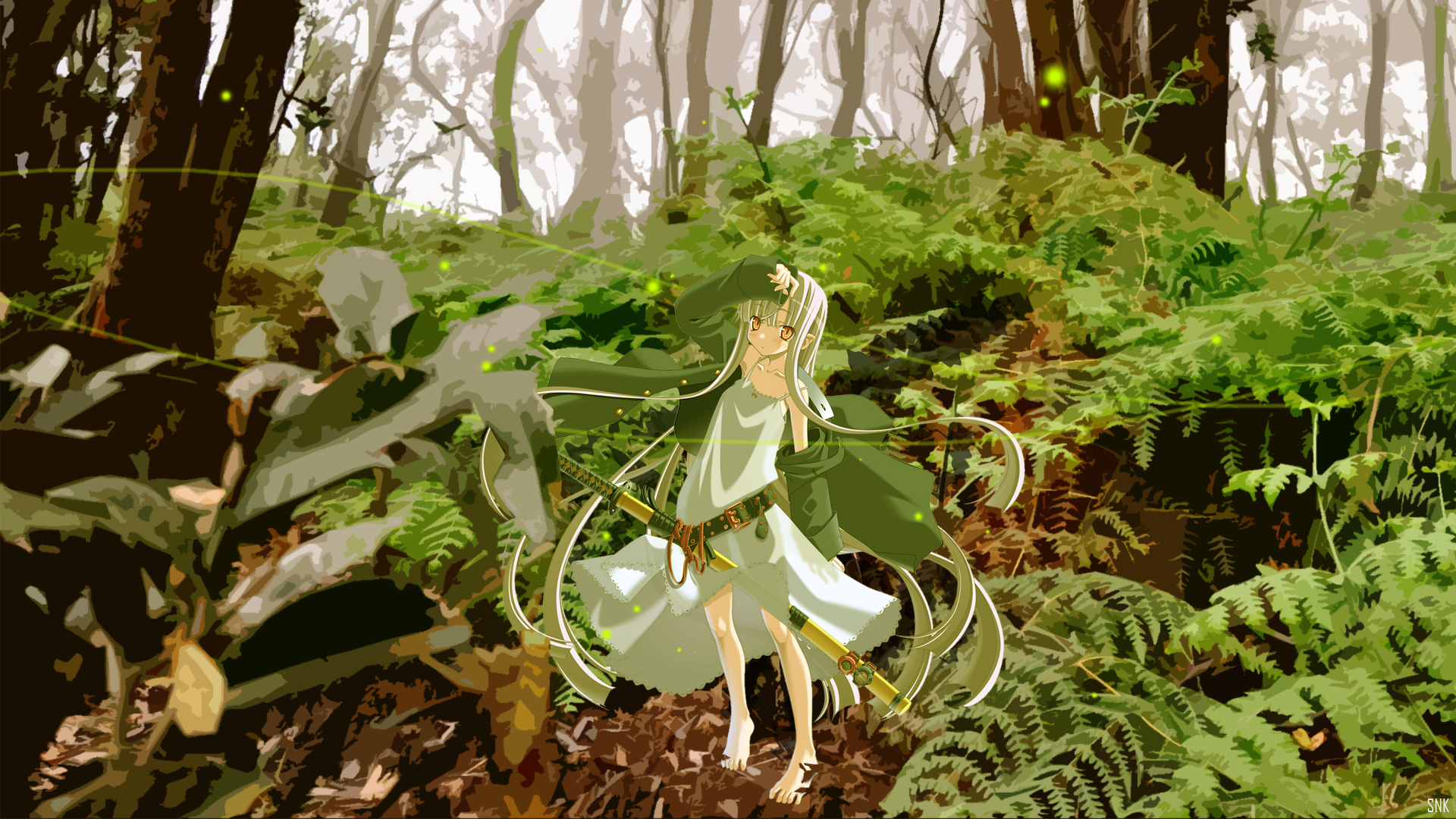 Anime 1920x1080 anime girls ferns anime forest barefoot nature plants trees