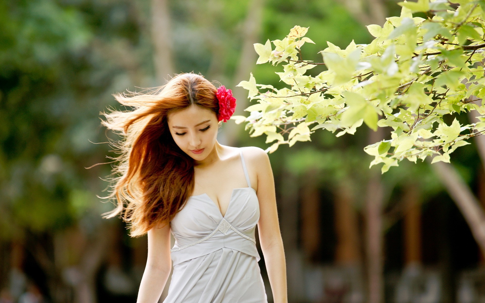People 1920x1200 Asian women flower in hair redhead cleavage white dress women outdoors model plants twigs looking away dress