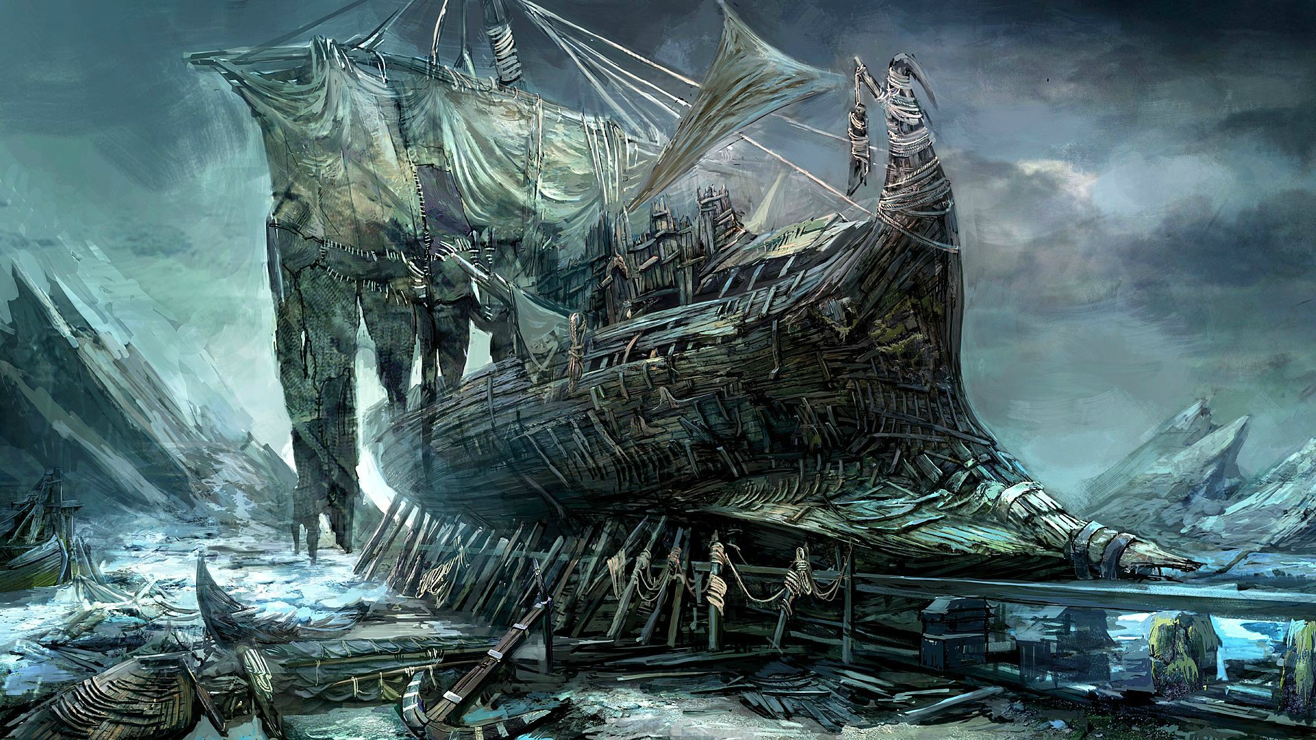 General 1920x1080 painting artwork sea ship sailing ship clouds anchors abandoned rocks vehicle fantasy art