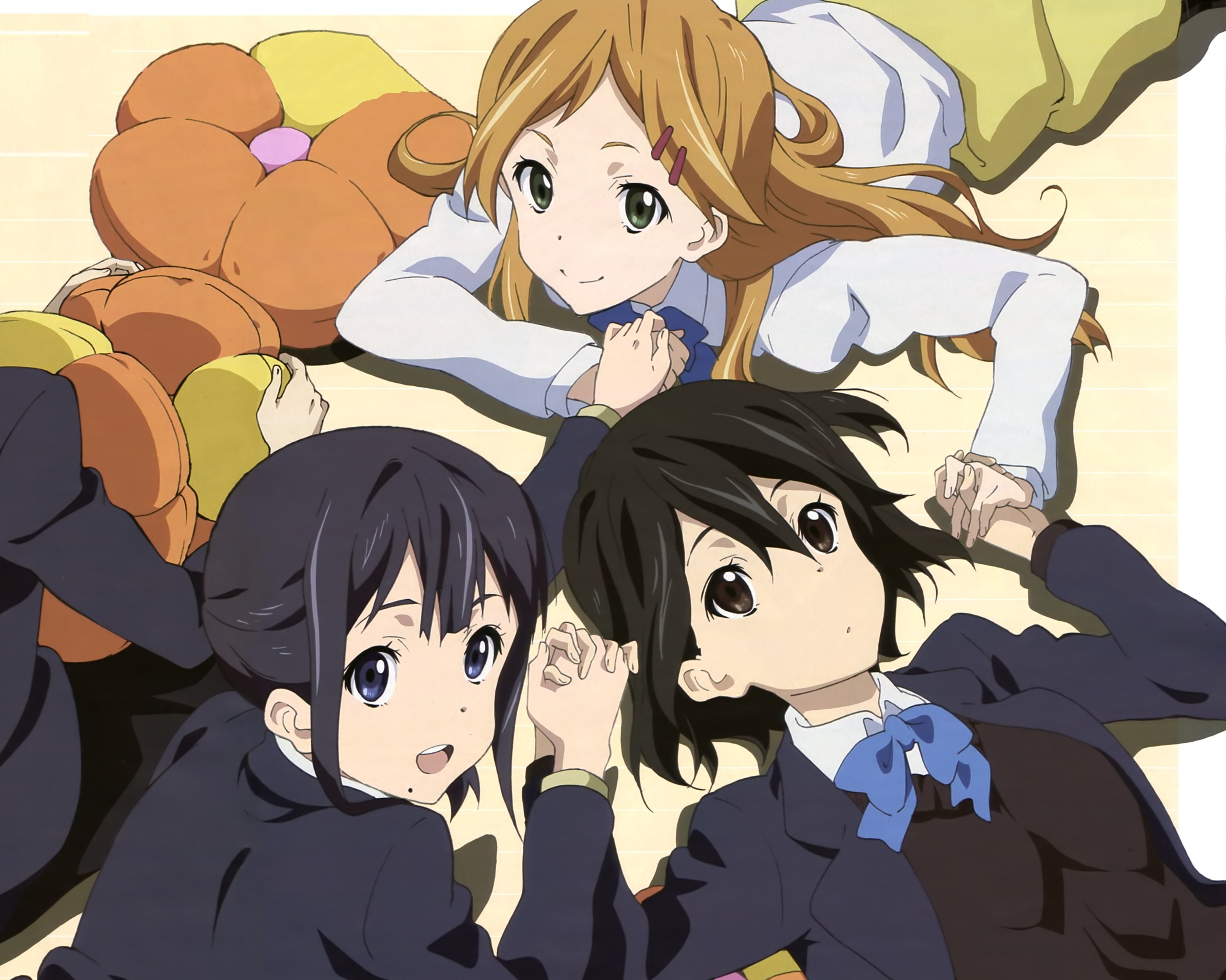 Anime 2560x2048 anime girls Kokoro Connect Inaba Himeko Kiriyama Yui  Nagase Iori women trio holding hands anime