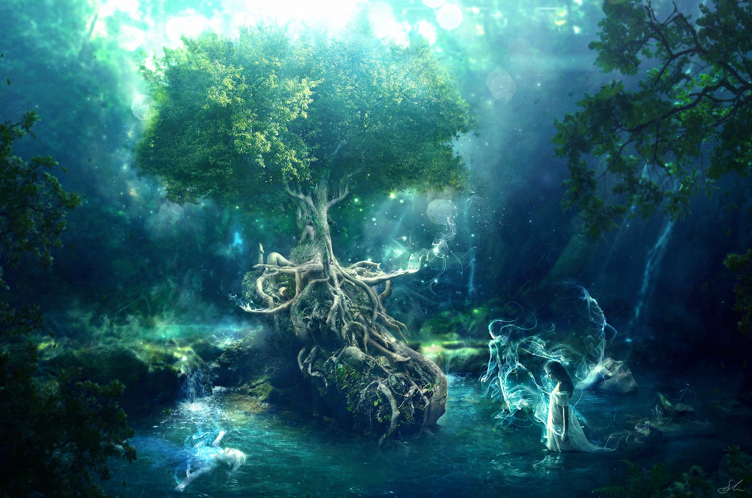 General 1509x1000 fantasy art nature artwork digital art forest turquoise
