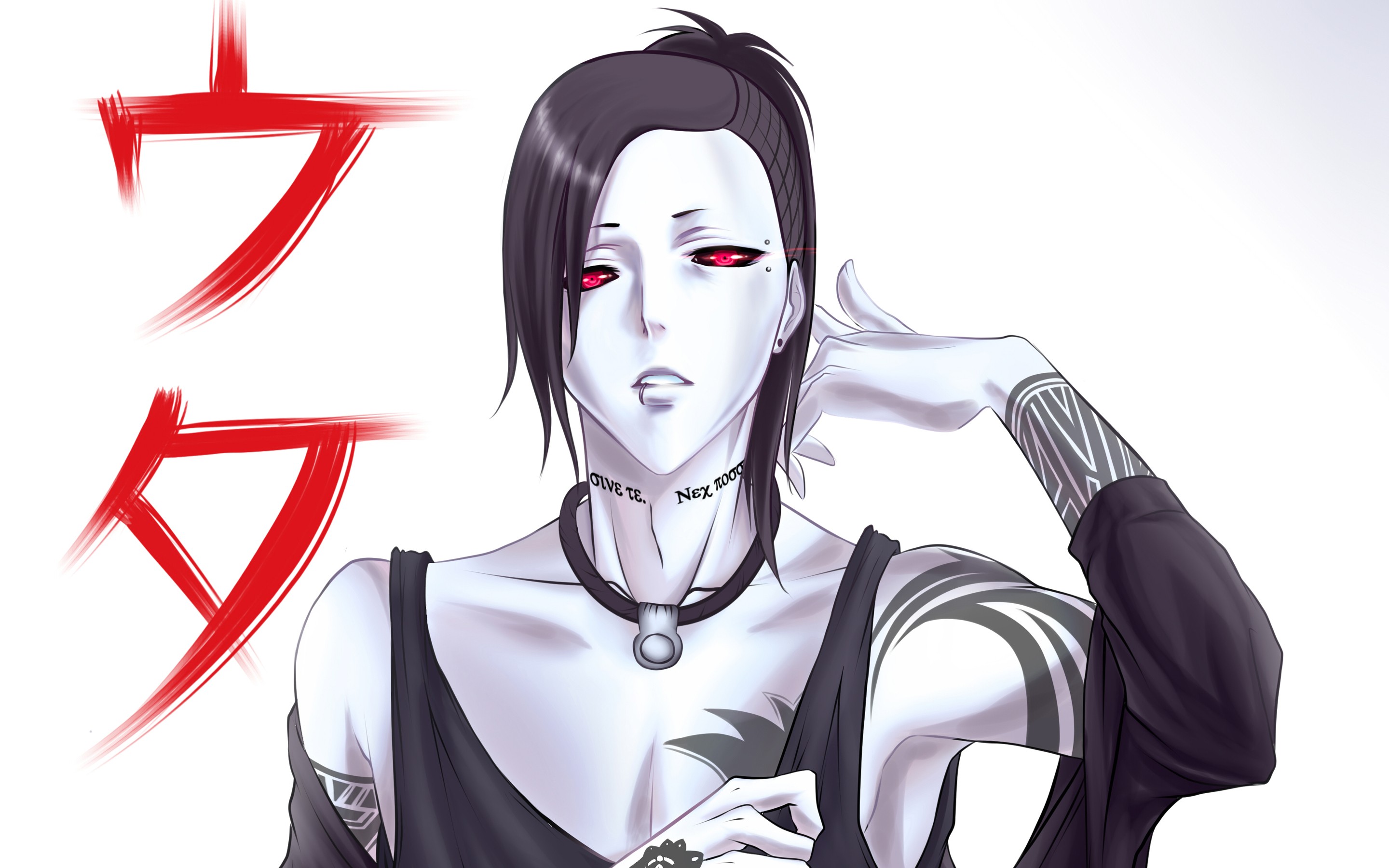 Anime 2880x1800 Tokyo Ghoul Uta (Tokyo Ghoul) tattoo red eyes white background simple background