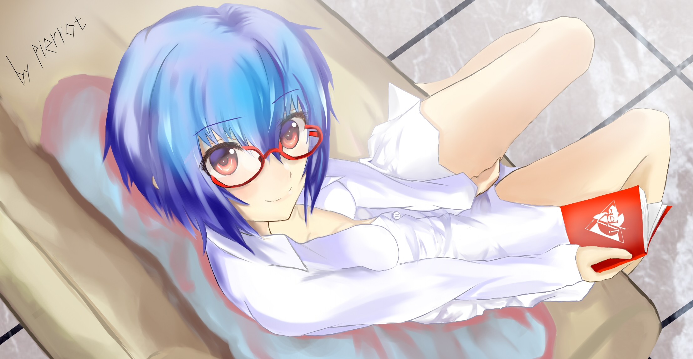 Anime 2215x1149 anime anime girls Ayanami Rei Neon Genesis Evangelion women with glasses looking at viewer women books thighs