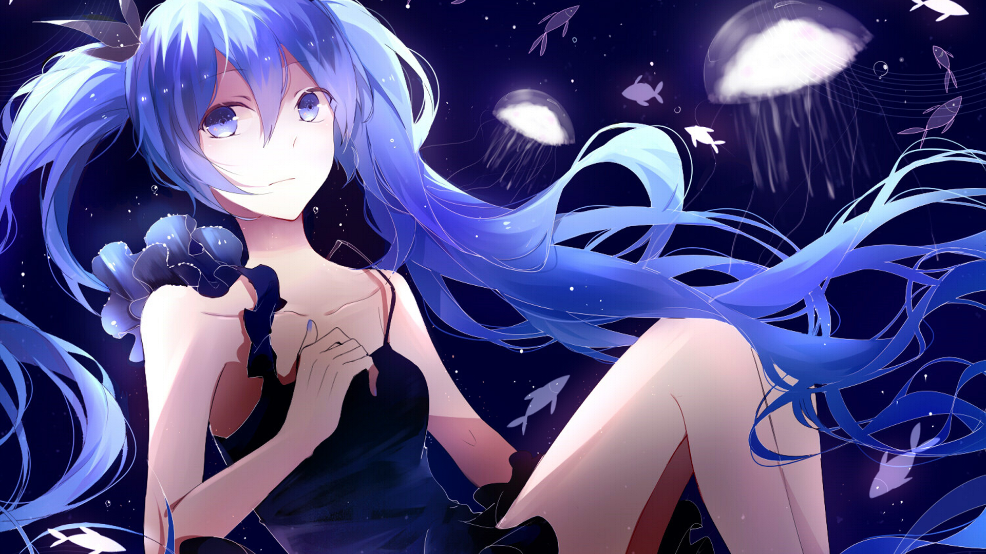 Anime 1920x1080 anime anime girls Vocaloid Hatsune Miku underwater jellyfish long hair blue blue eyes fish blue hair