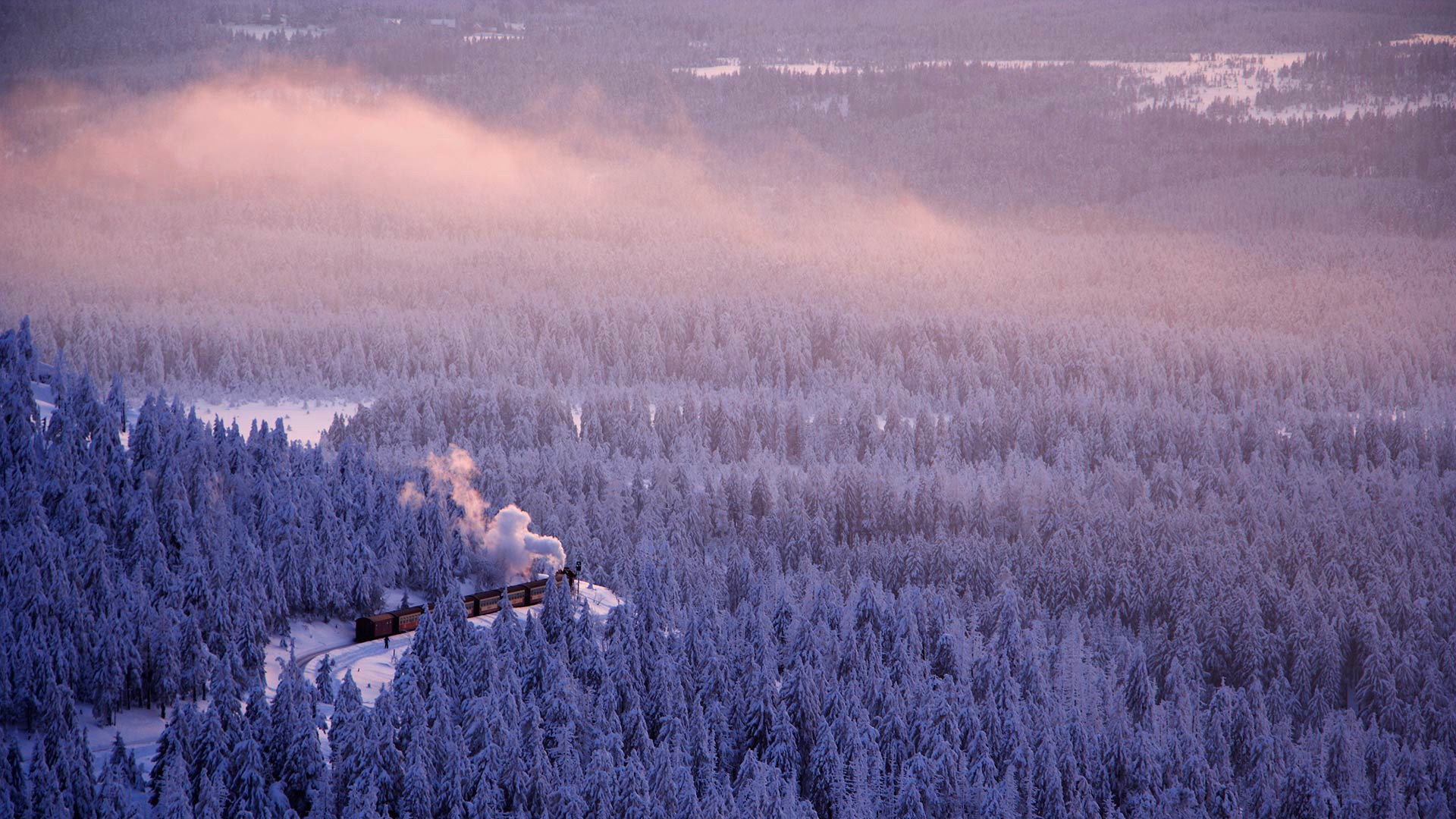 General 1920x1080 landscape snow train Saxony Germany pine trees forest nature winter mist smoke trees cold railway