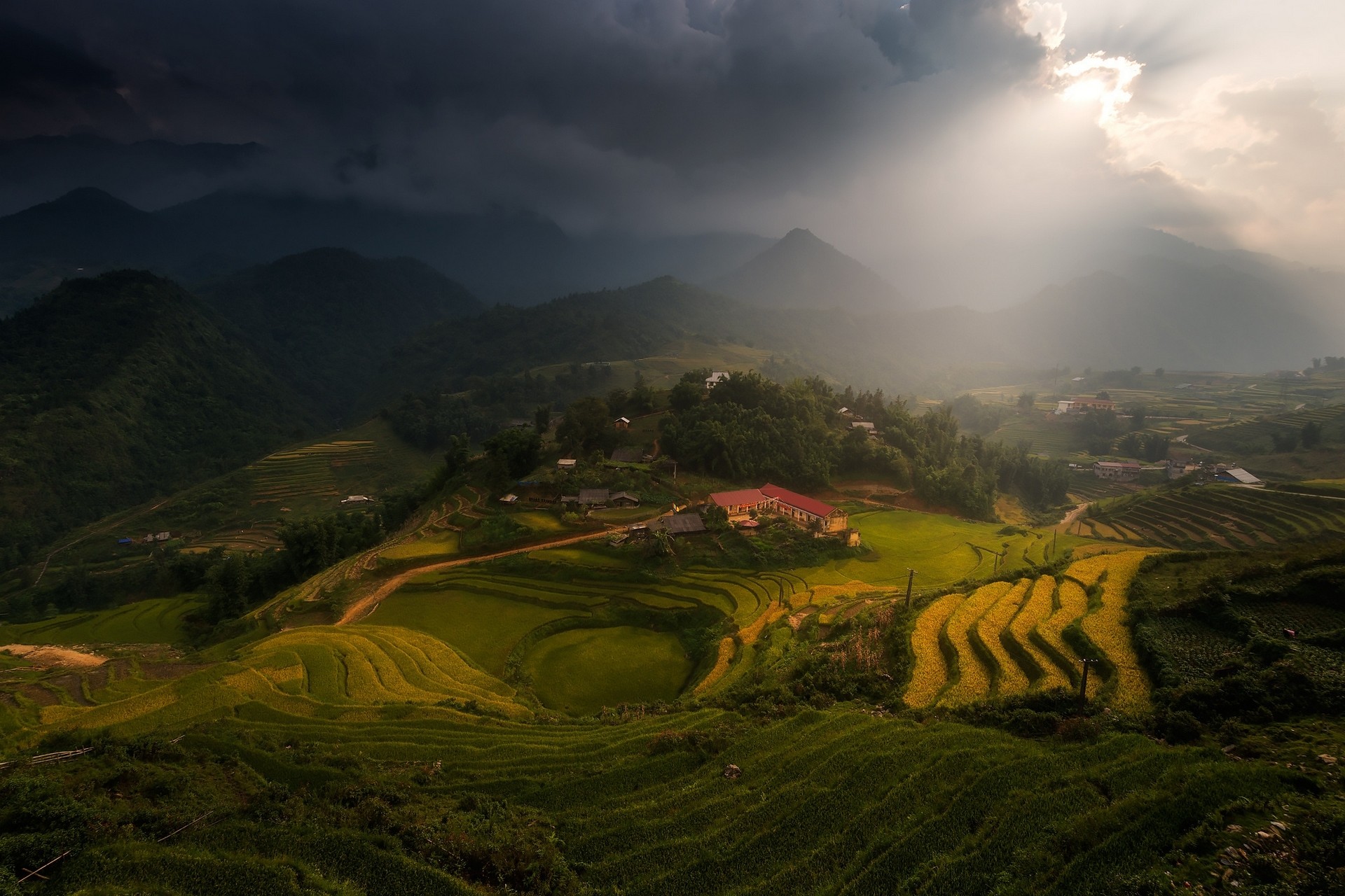 General 1920x1280 mist village mountains terraces field clouds sun rays sunlight trees Vietnam