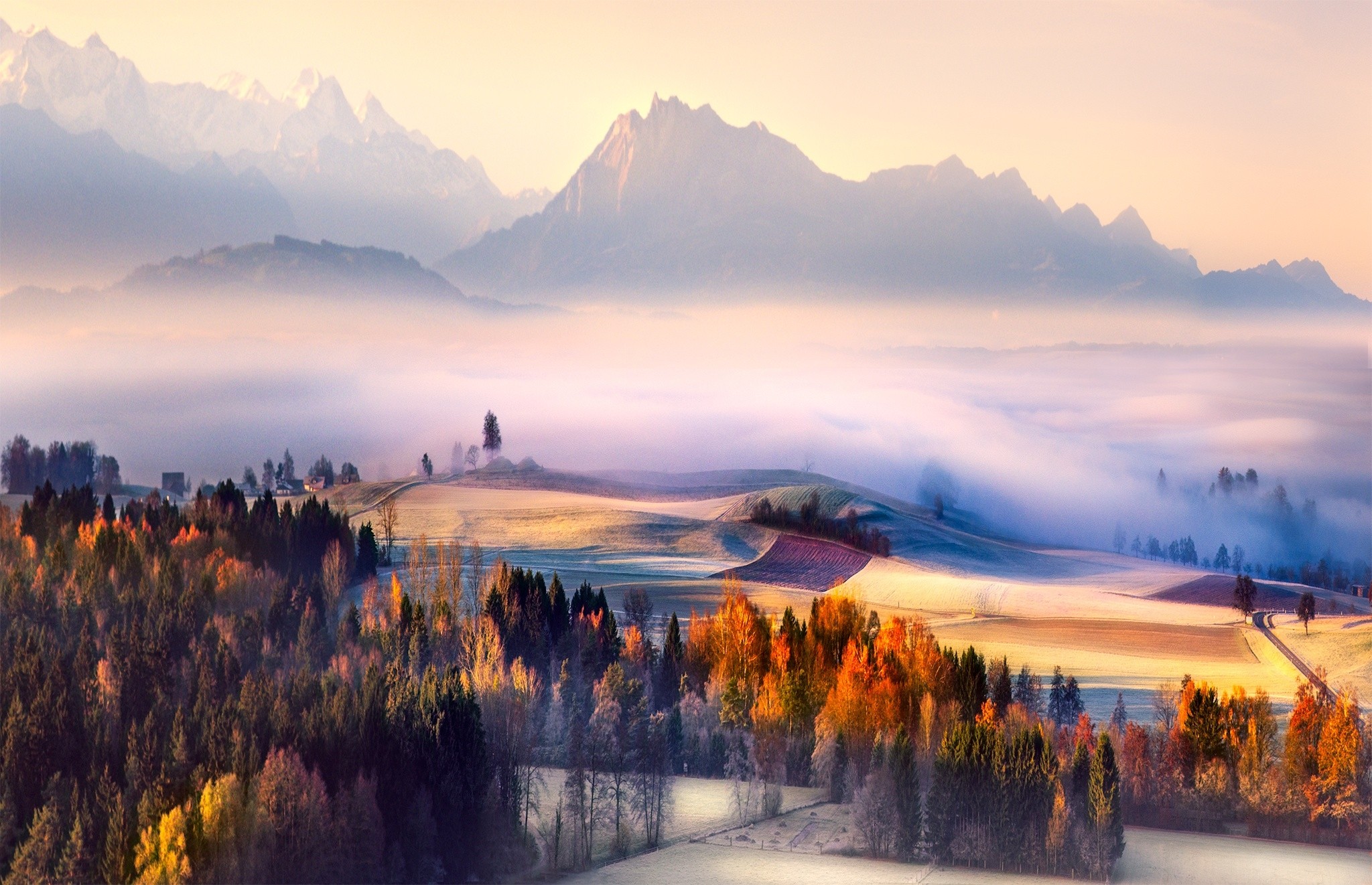 General 2048x1322 fall morning mist Switzerland mountains forest valley nature landscape