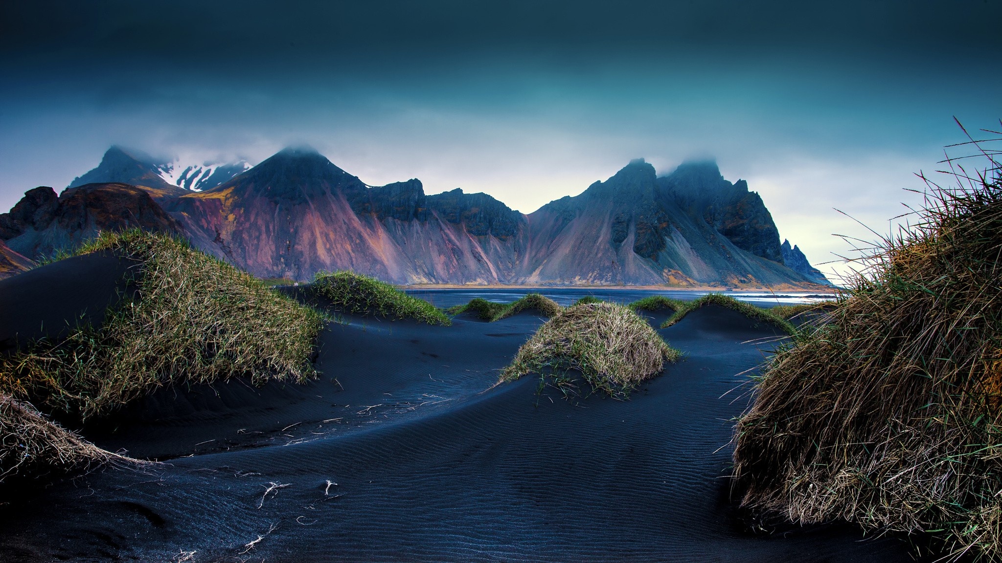 General 2048x1152 mountains beach black sand dunes Iceland cliff grass clouds landscape nature nordic landscapes Höfn