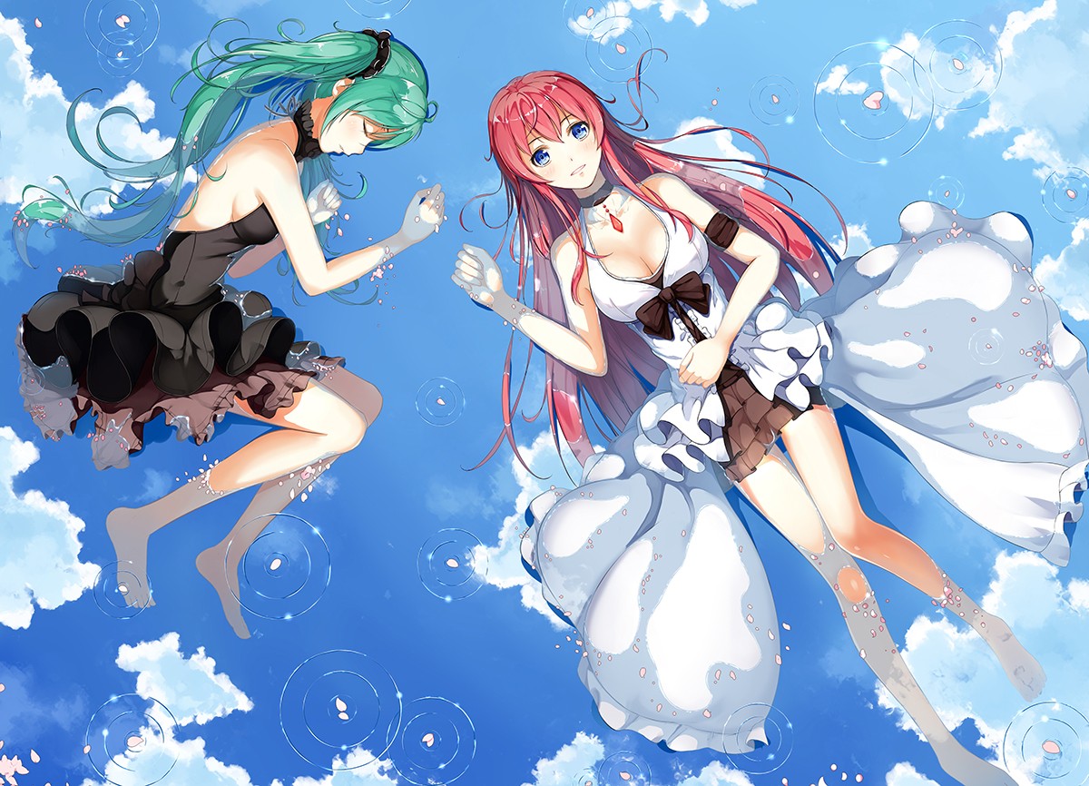 Anime 1200x866 anime Hatsune Miku anime girls clouds Vocaloid two women green hair redhead boobs cleavage knees together in water water reflection closed eyes blue eyes