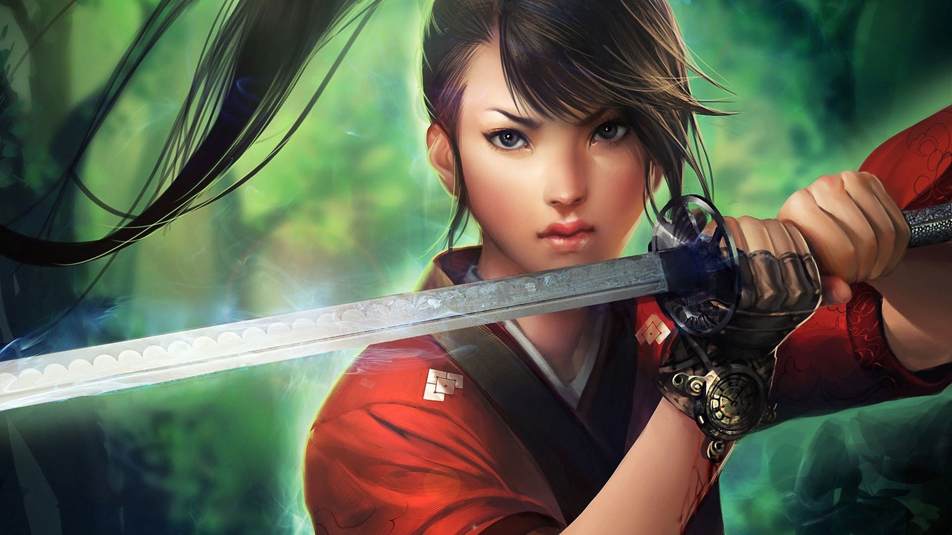Anime 1366x768 fantasy girl fantasy art sword women with swords Asian brunette weapon blood