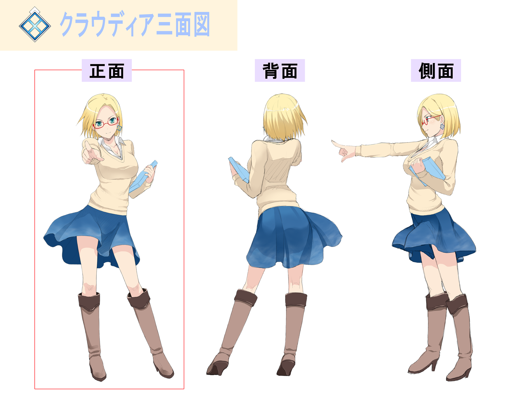 Anime 1717x1333 anime anime girls blonde Claudia Madobe Microsoft white background blue skirt skirt boots women with glasses