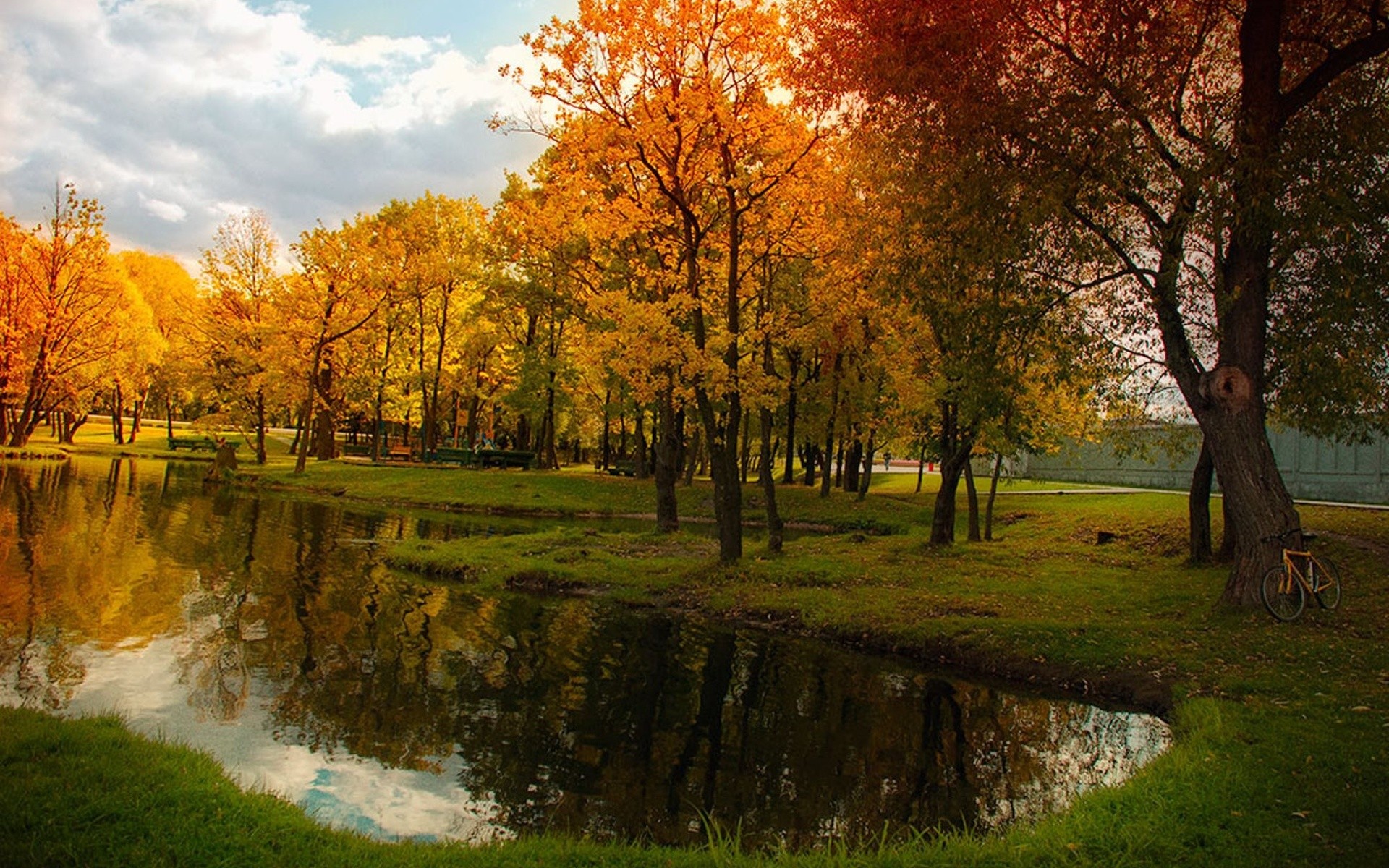 General 1920x1200 pond fall bicycle trees reflection Russia park water