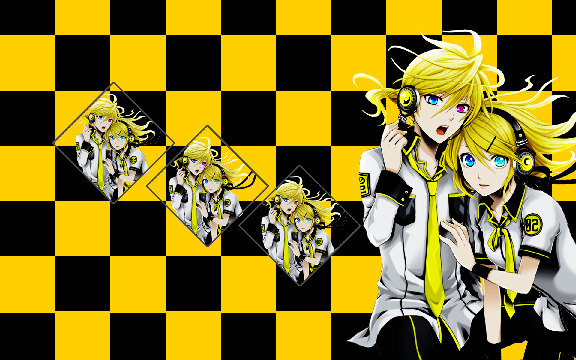 Anime 1920x1200 anime Vocaloid Kagamine Rin checkered anime girls heterochromia tie blonde open mouth two women women square