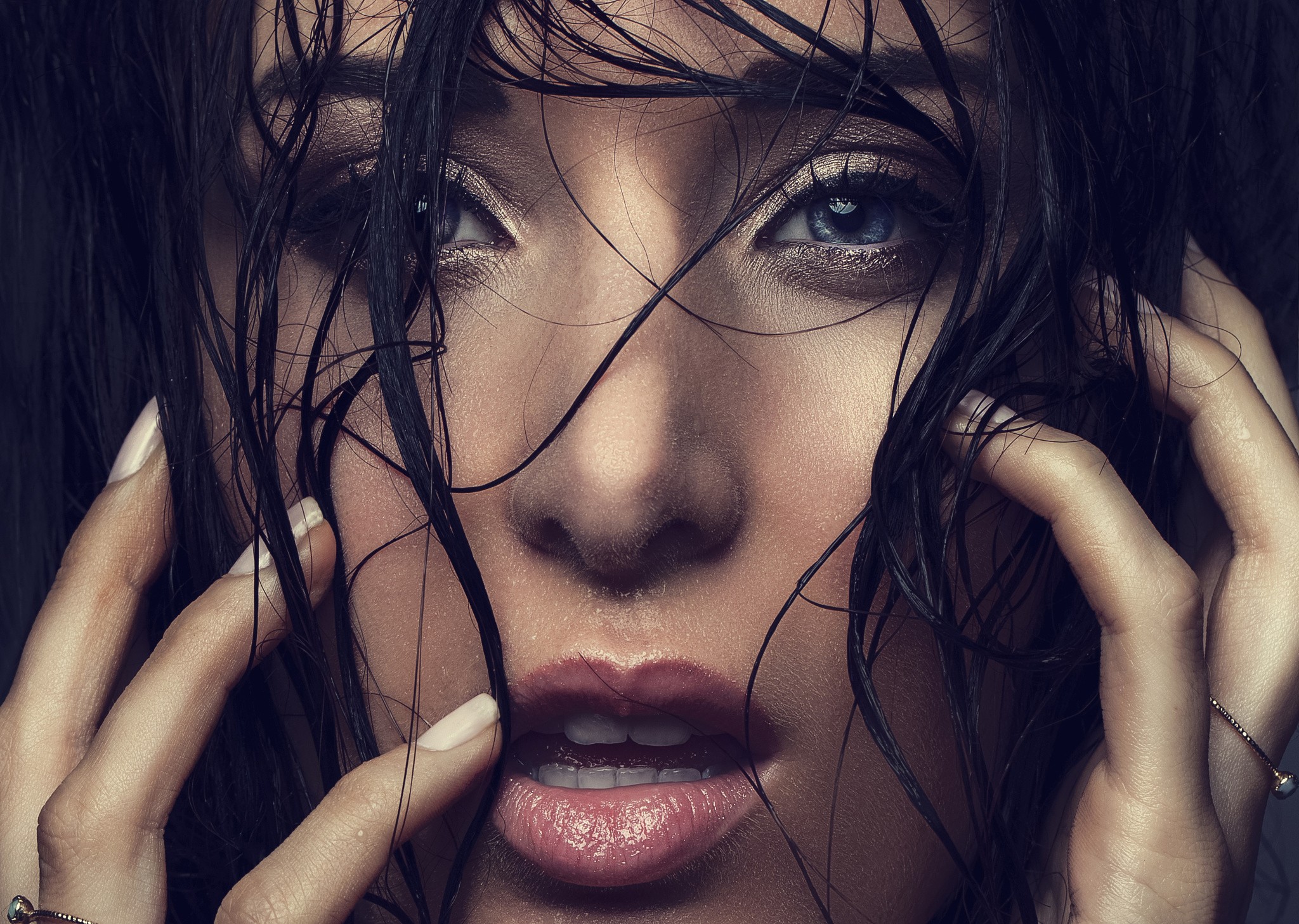 People 2048x1457 women face portrait model brunette blue eyes closeup looking at viewer hair in face fingers wet hair