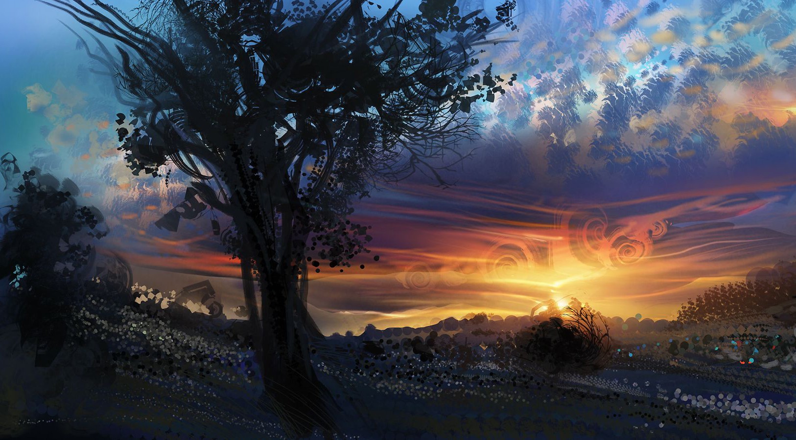 General 1626x900 digital art painting trees clouds sunset artwork nature field landscape sky sunlight