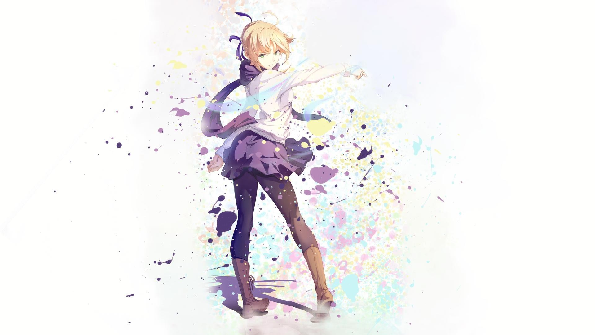 Anime 1920x1080 Saber Fate series blonde scarf anime girls anime white background simple background boots