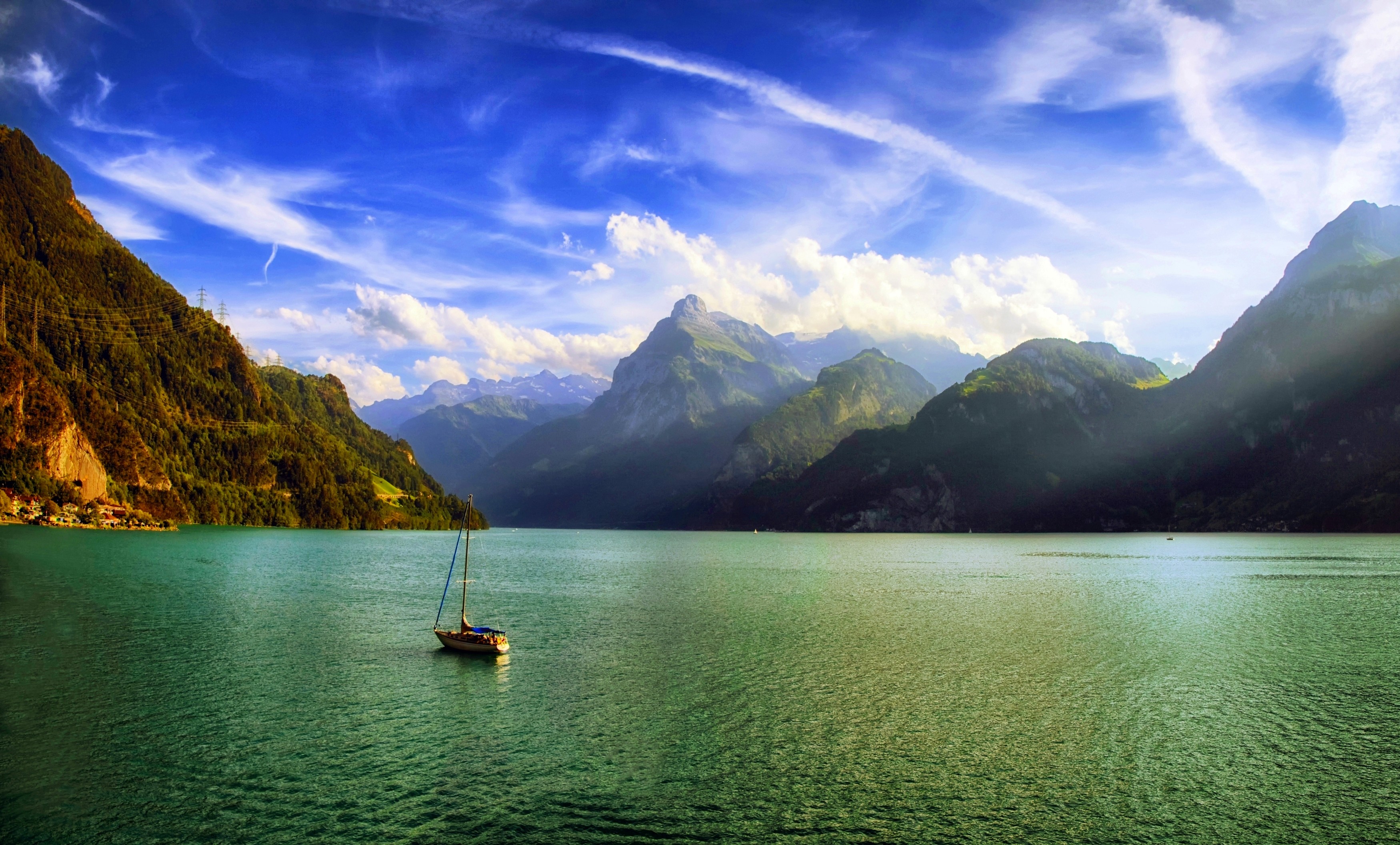 General 3500x2113 nature landscape mountains lake clouds mist morning Alps Switzerland sailboats sun rays water