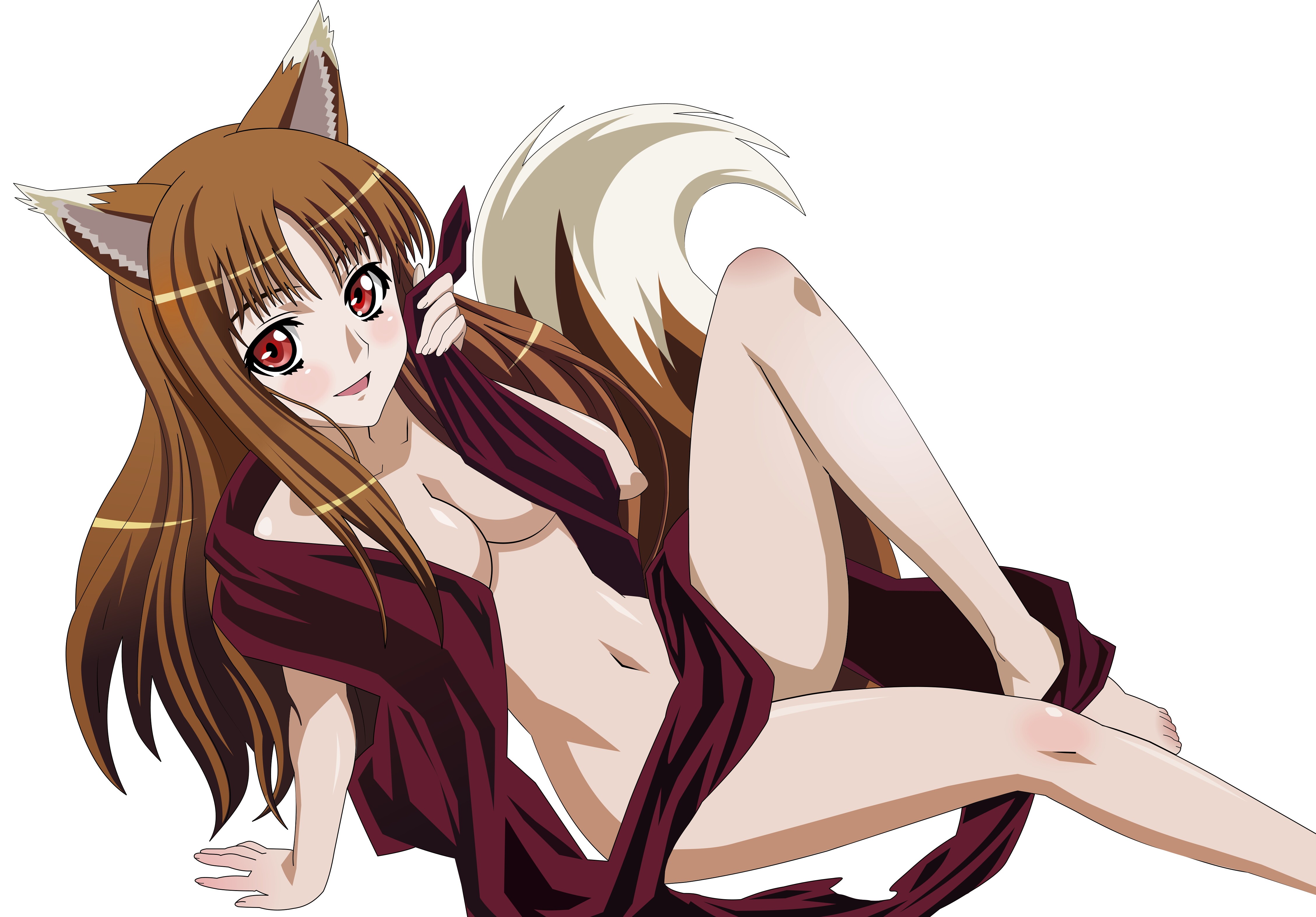 Anime 4510x3142 anime girls anime Spice and Wolf Holo (Spice and Wolf) wolf girls simple background white background animal ears long hair boobs belly legs barefoot red eyes tail