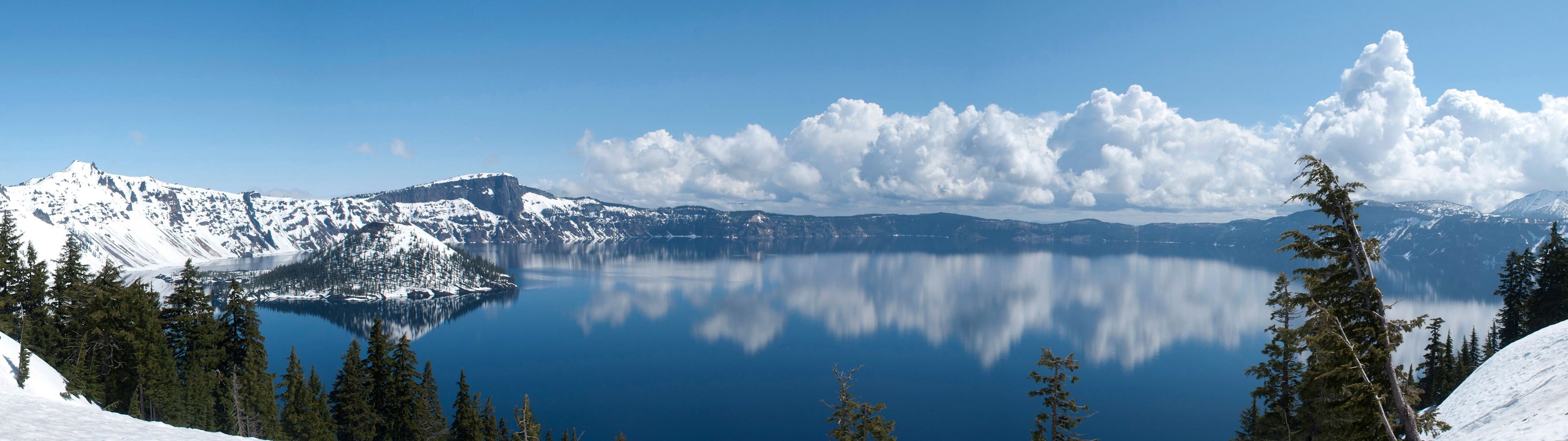 General 3840x1080 landscape lake crater lake clouds reflection multiple display snow dual monitors