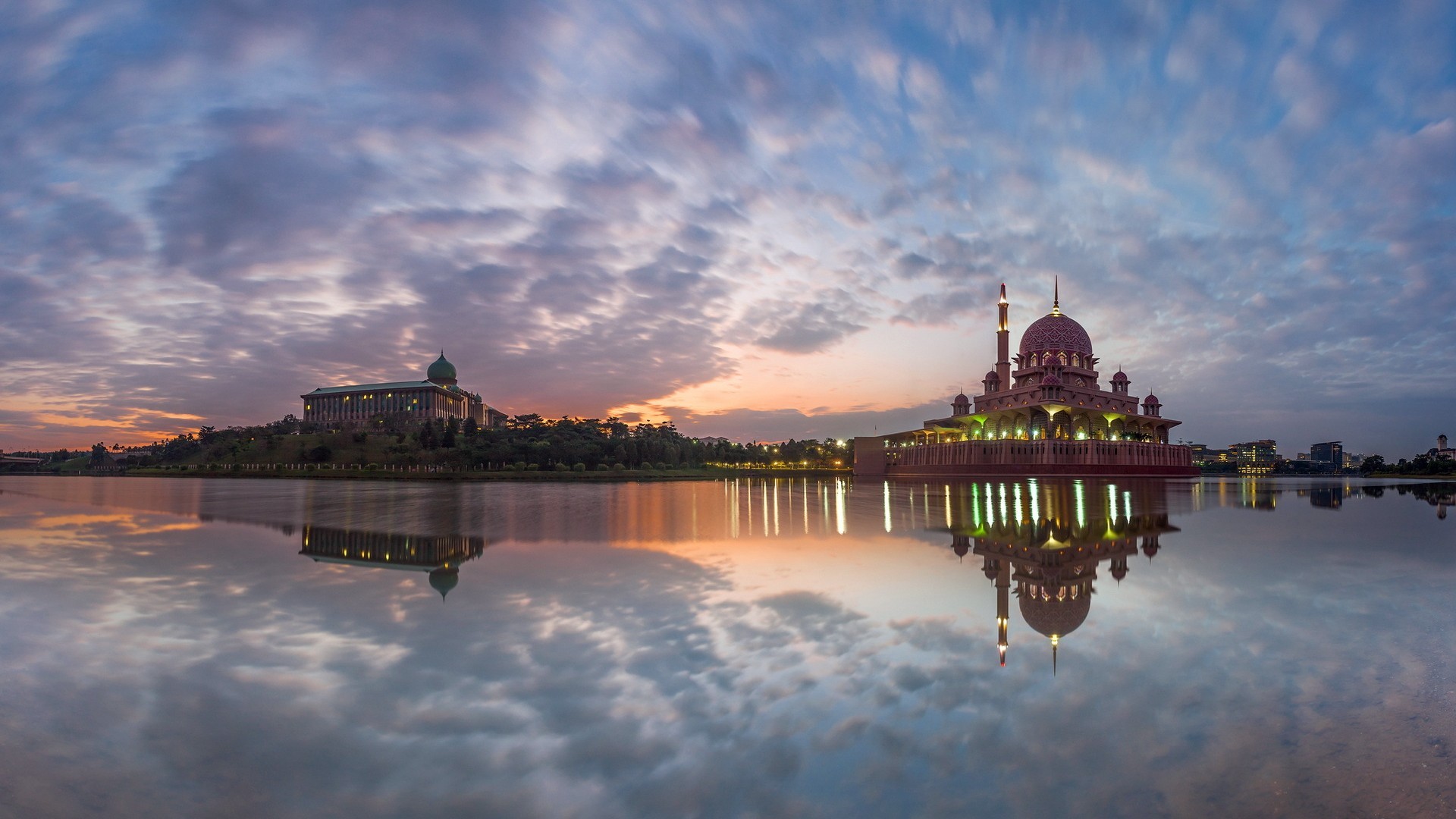 General 1920x1080 architecture building water trees Malaysia Kuala Lumpur mosque lights sunset reflection long exposure Asia