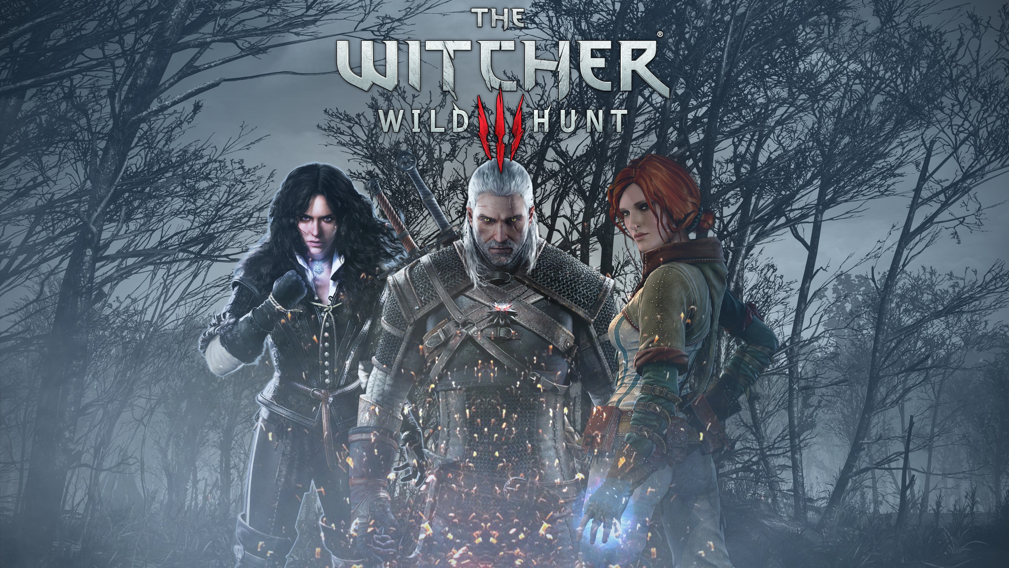 General 3840x2160 The Witcher The Witcher 3: Wild Hunt Geralt of Rivia Yennefer of Vengerberg Triss Merigold logo video games RPG PC gaming video game characters video game girls video game men fantasy girl