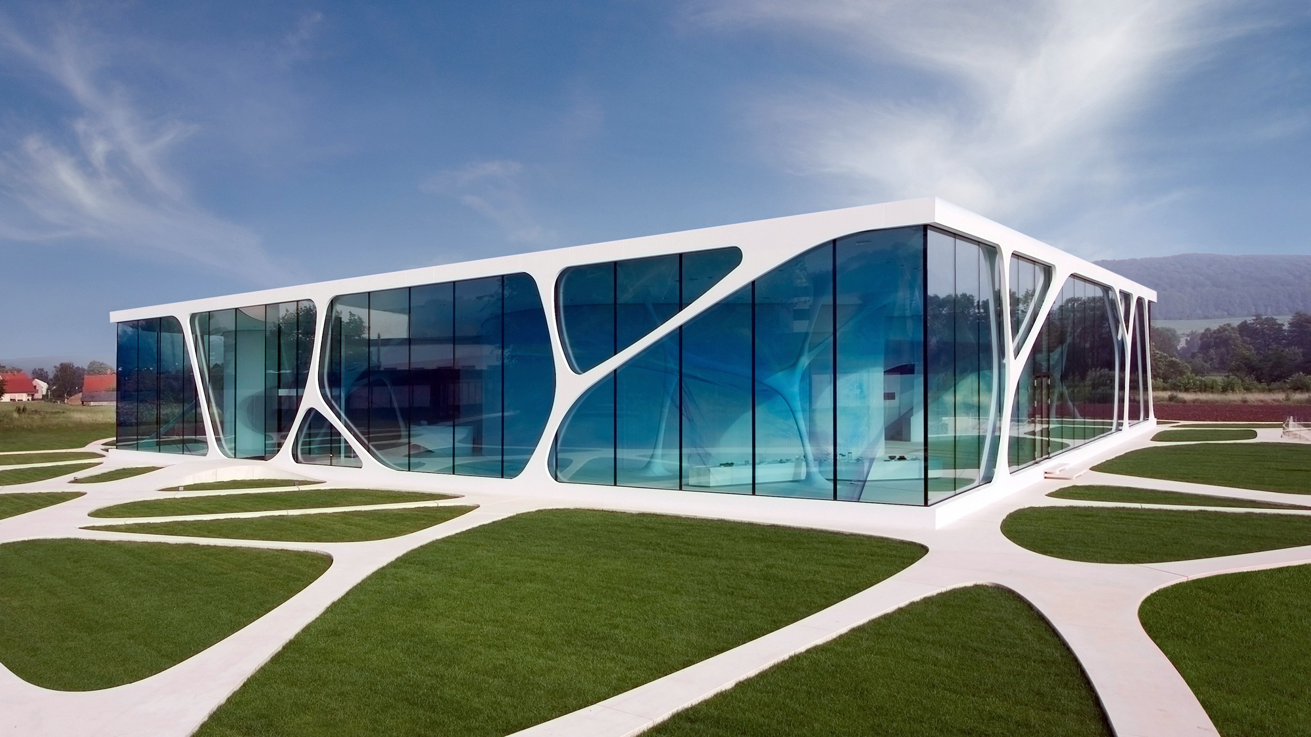 General 2560x1440 architecture Germany building modern reflection glass grass path Europe